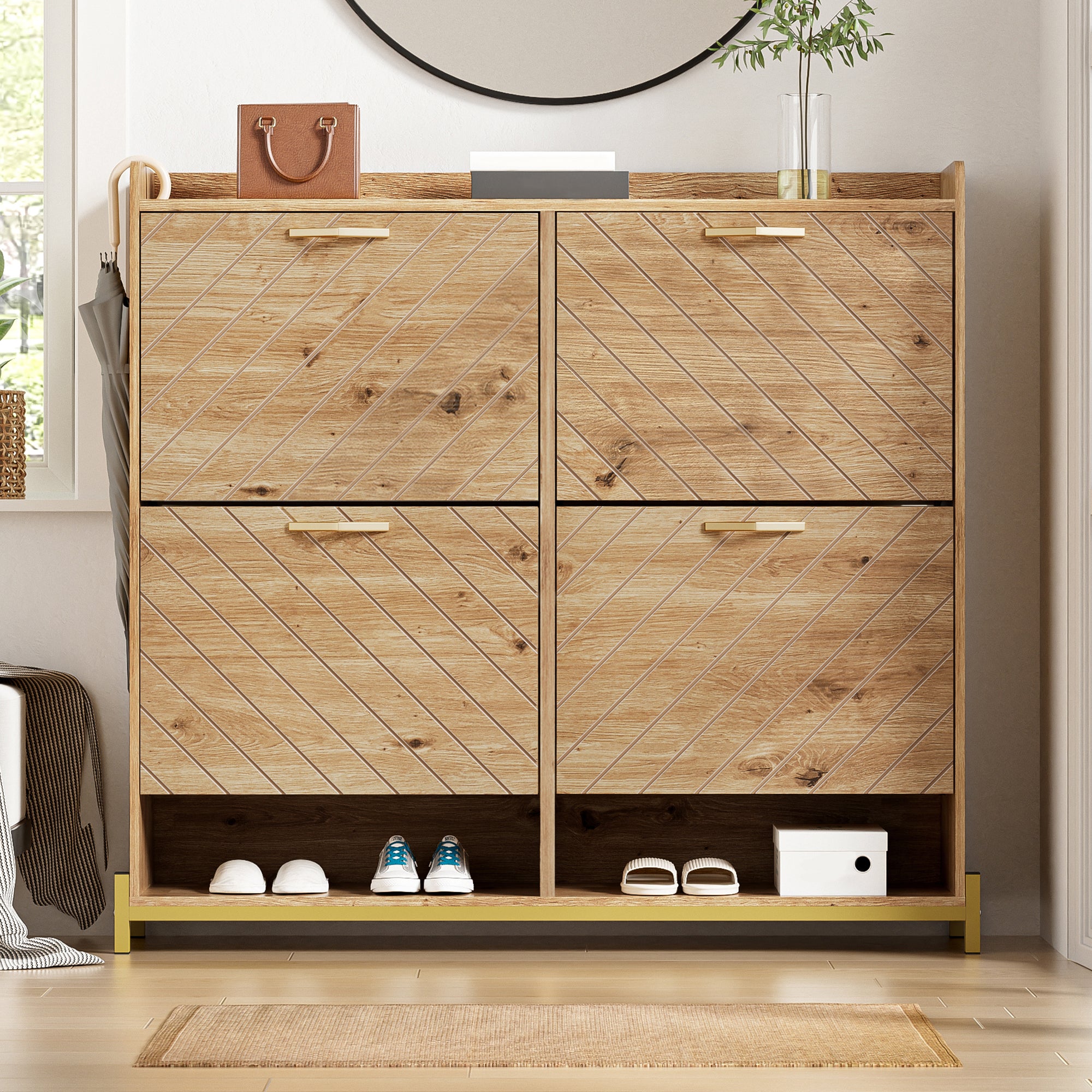 Modern Shoe Rack 4-Door Space-Saving Cabinet Wood Look