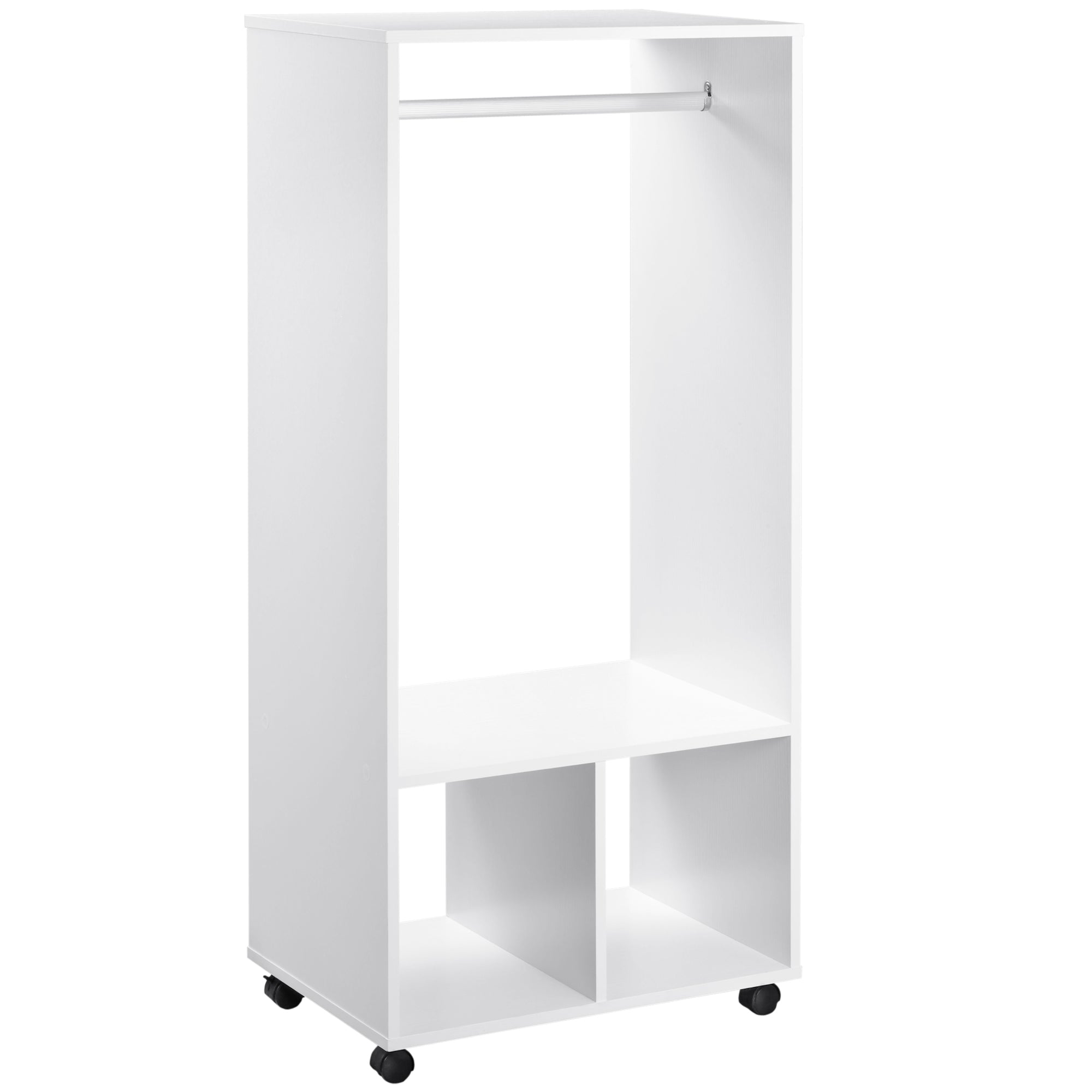 Open Wardrobe on Wheels, Hanging Rail, 2 Shelves, Mobile Garment Rack, White