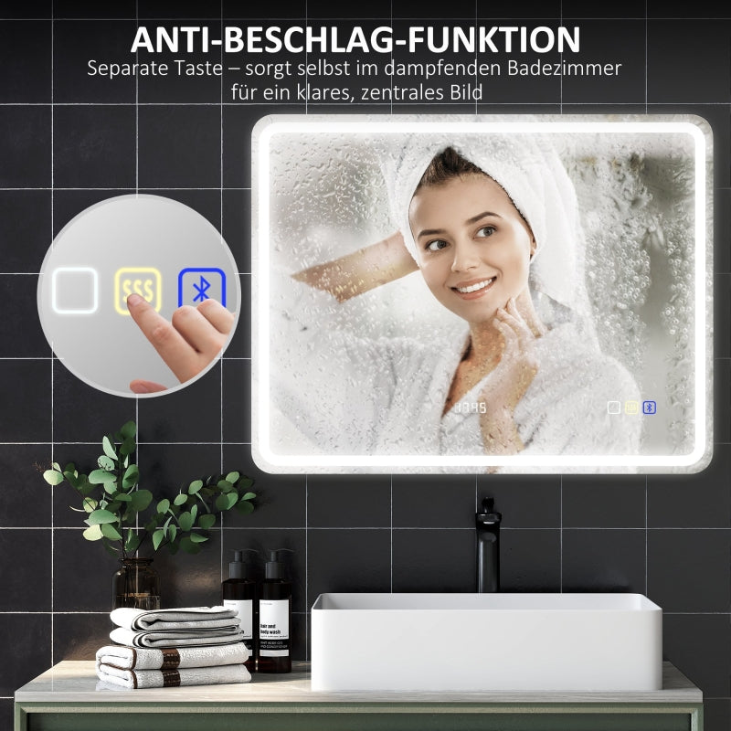 Bathroom Mirror 70x90cm LED Anti-Fog Clock Bluetooth, Silver