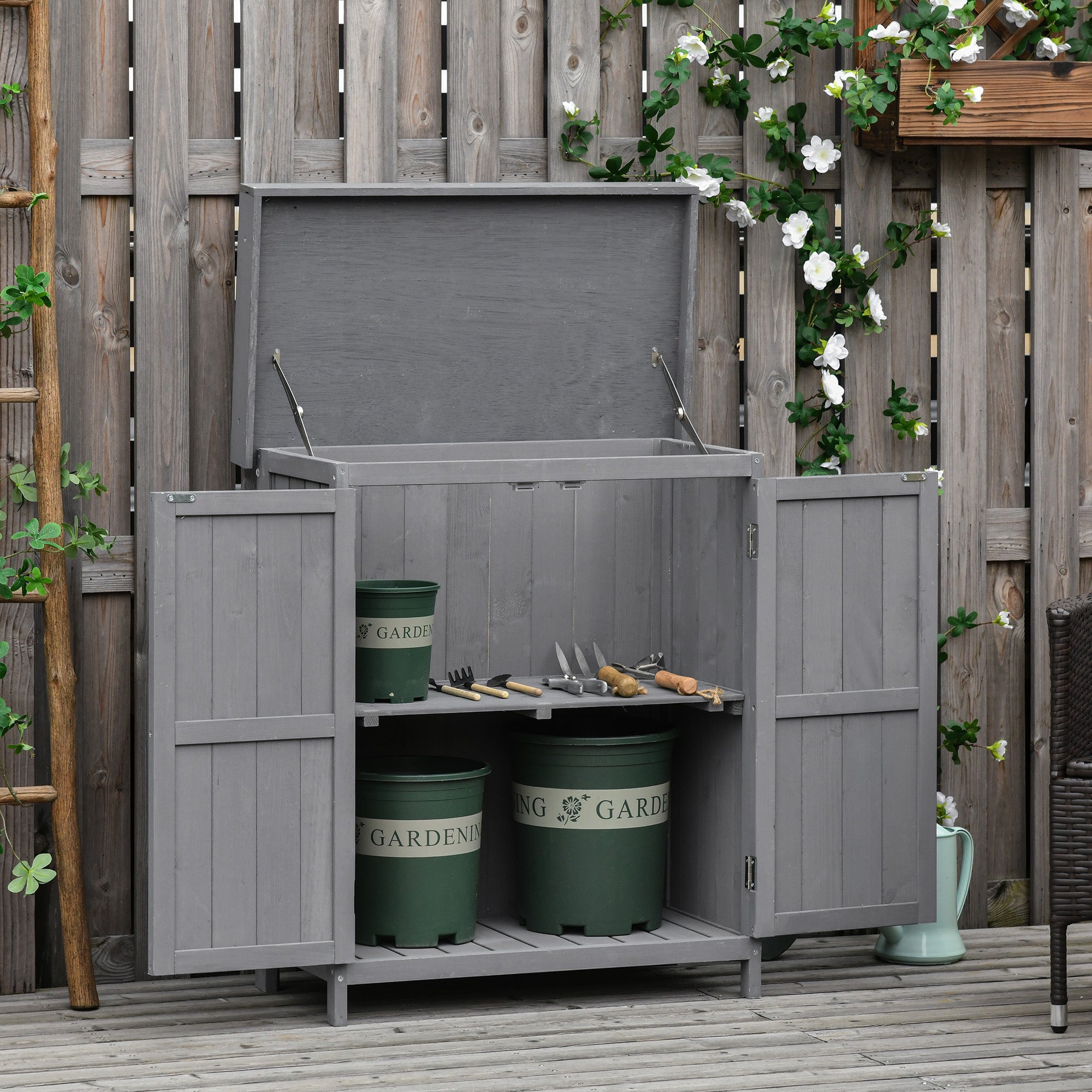 Garden Cabinet Weatherproof Tool Cabinet Double Door 2 Compartments Fir Wood Dark Grey
