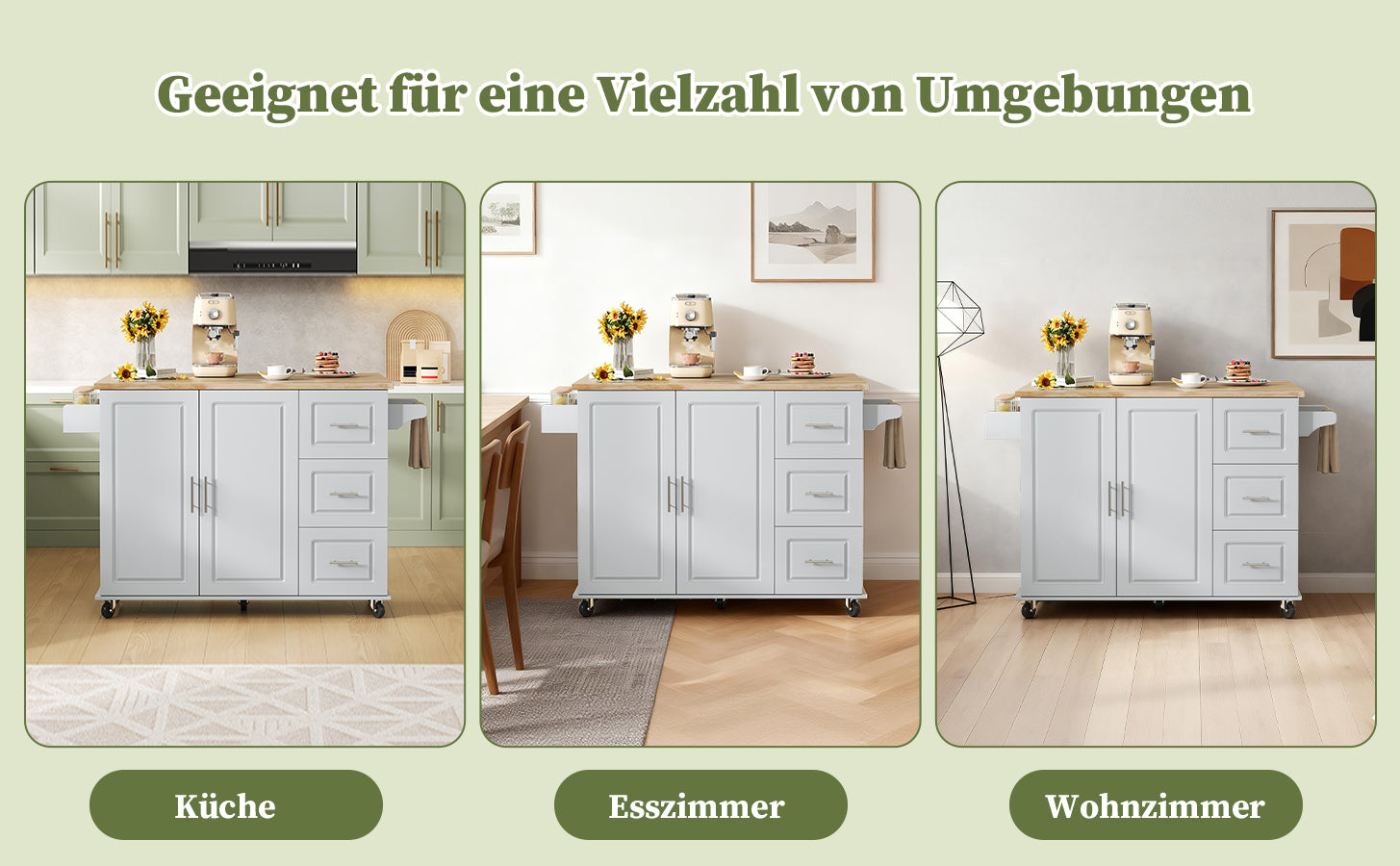 Mobile Kitchen Table with Foldable Design and 3 Drawers, Oak Worktop