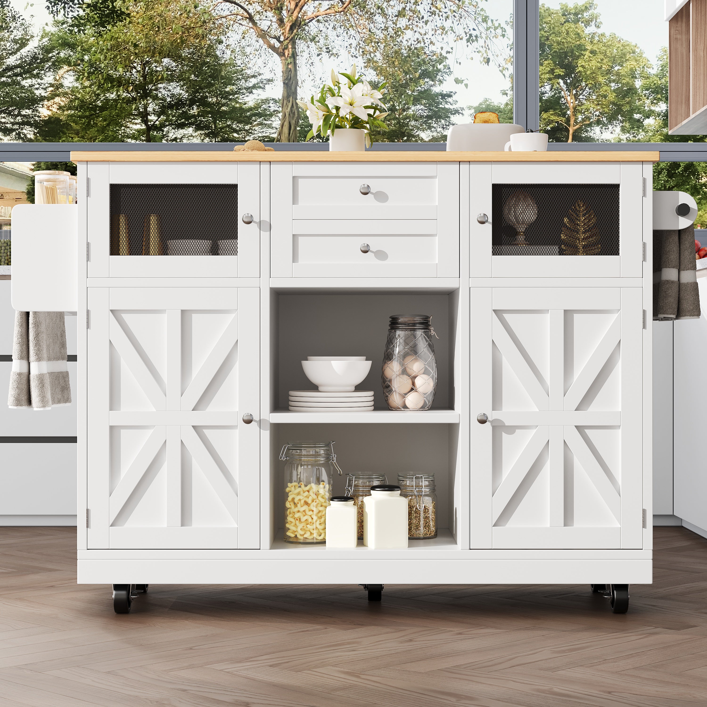 Kitchen Island Dining Trolley Sideboard Worktop Casters Adjustable Storage White