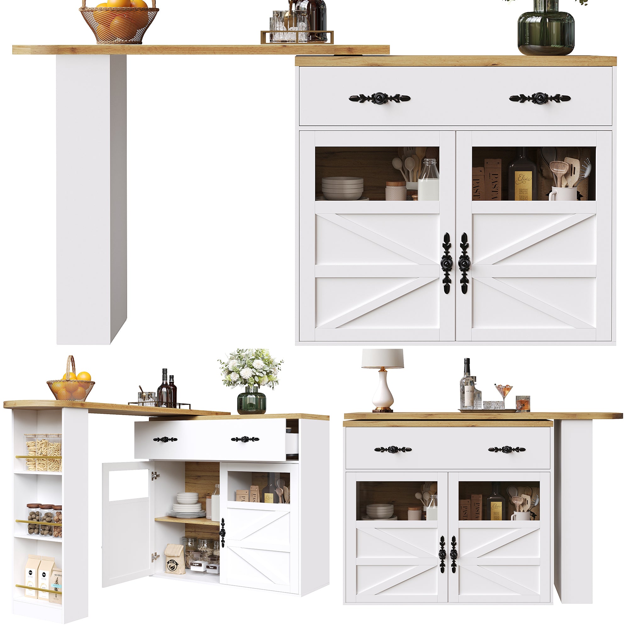 Extendable Bar Table 360° Rotating Storage Shelves - White