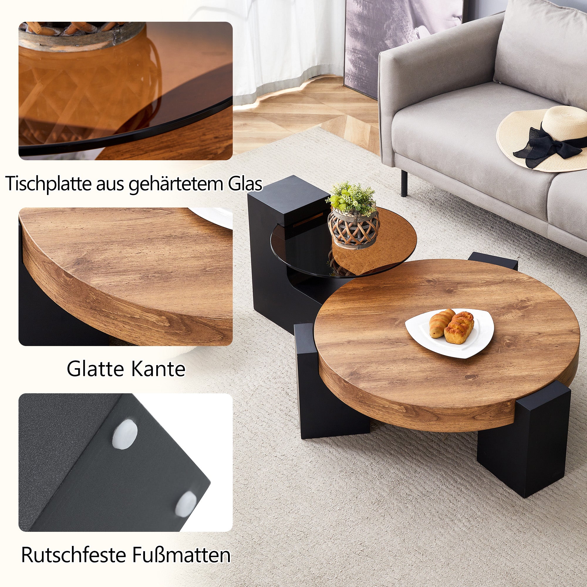 Round Coffee Table Two-Tier Detachable Transparent Brown Glass Top Black MDF Legs