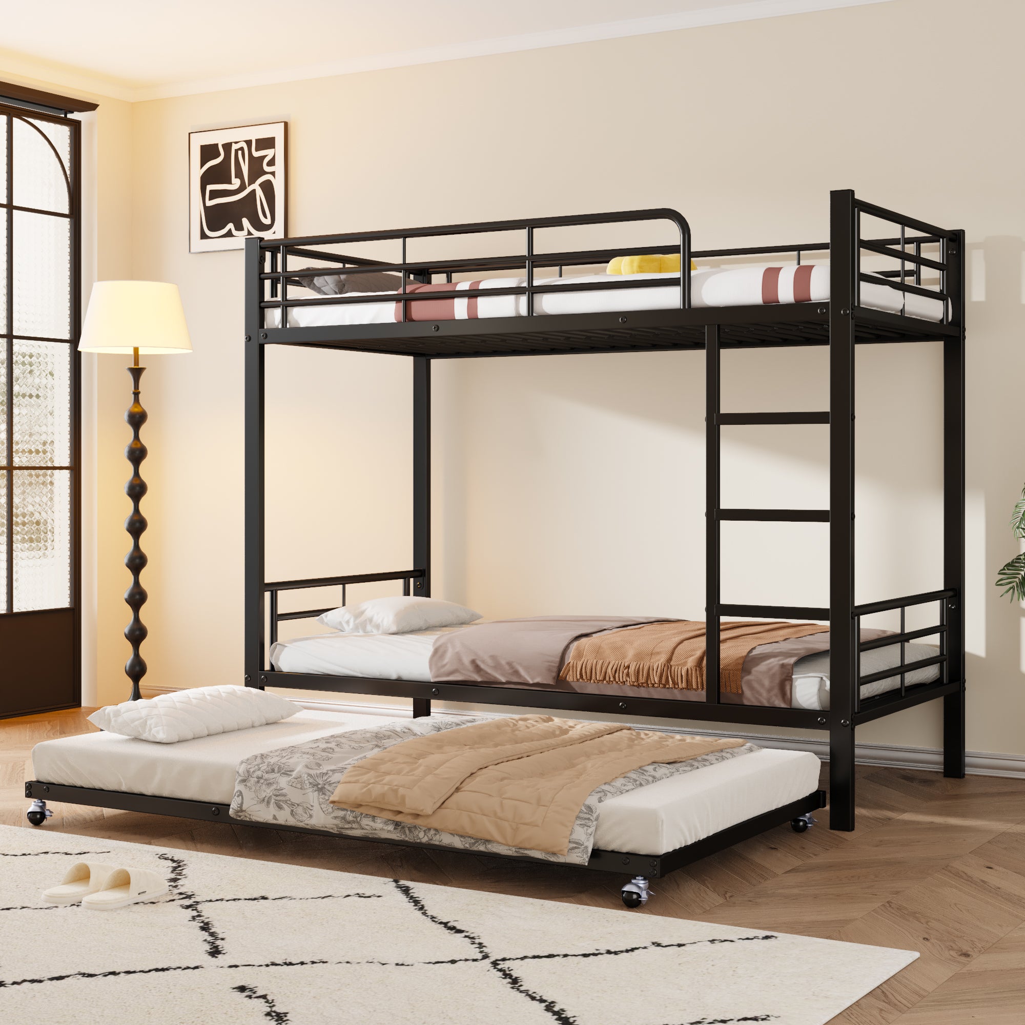 Iron Bunk Bed Pull-out Bed 4 Side Rails 90x200cm & 90x190cm, Black Metal