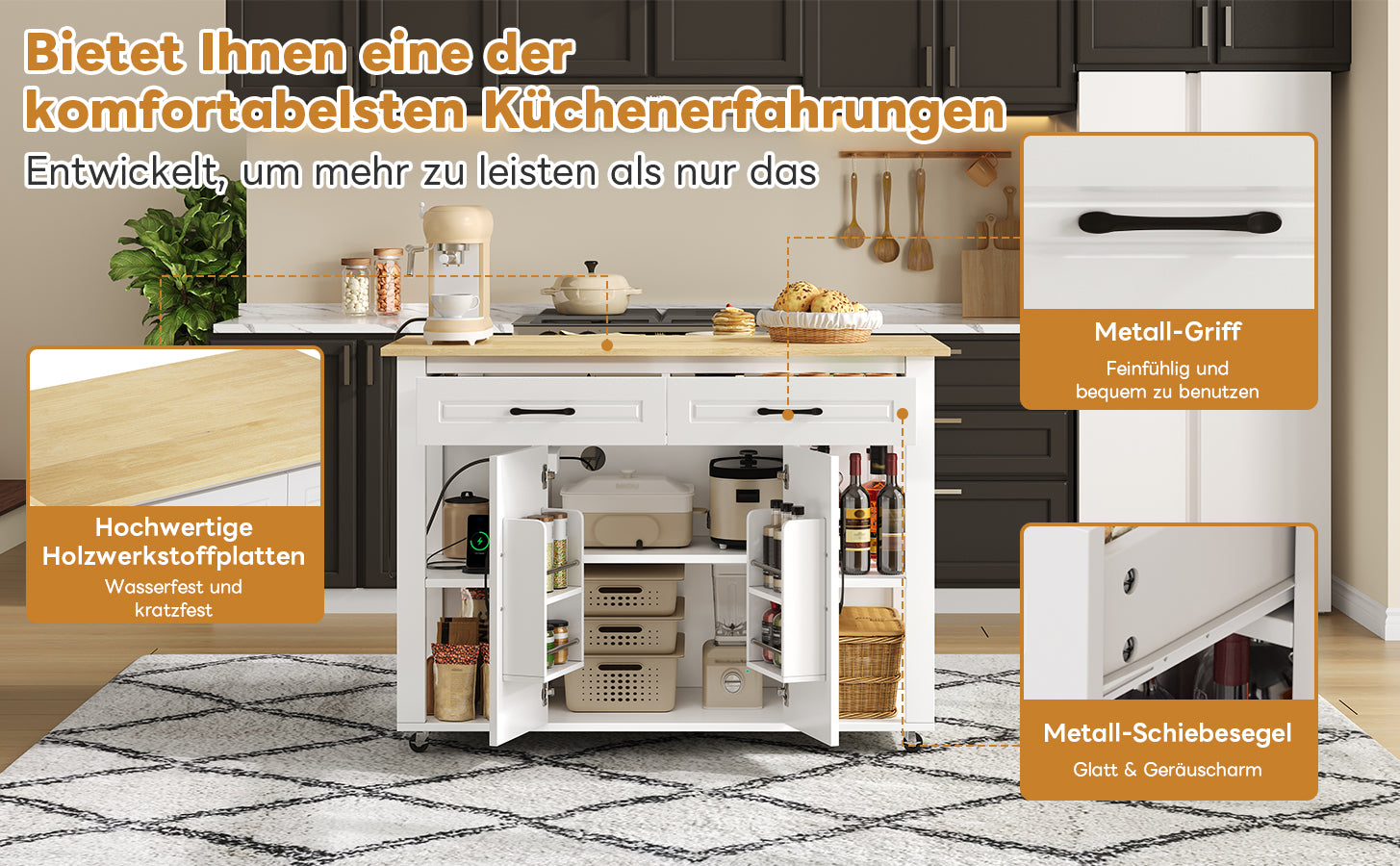 Mobile Kitchen Island with Power Outlets and Extendable Bar Counter, Wood Look