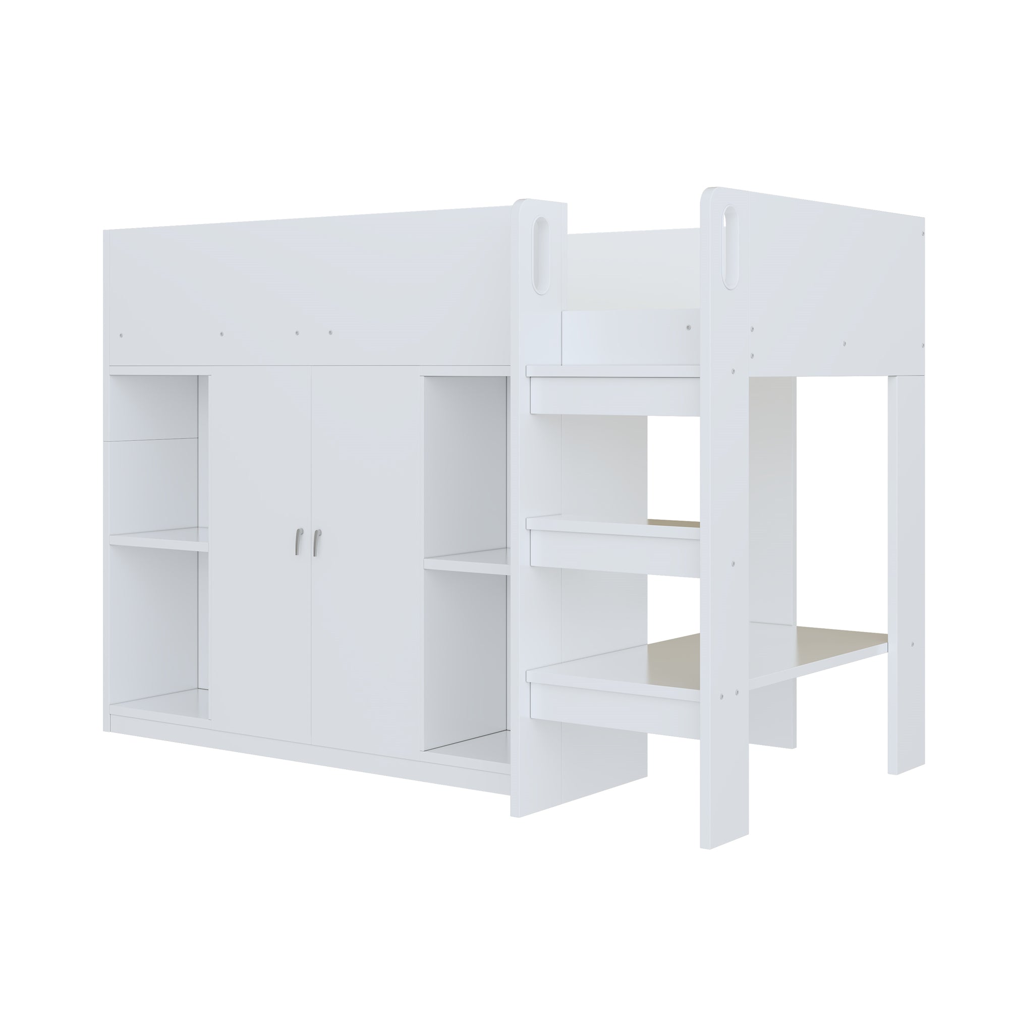 Loft Bed 90*200, Storage, Wardrobe, Shelves, Ladder, White