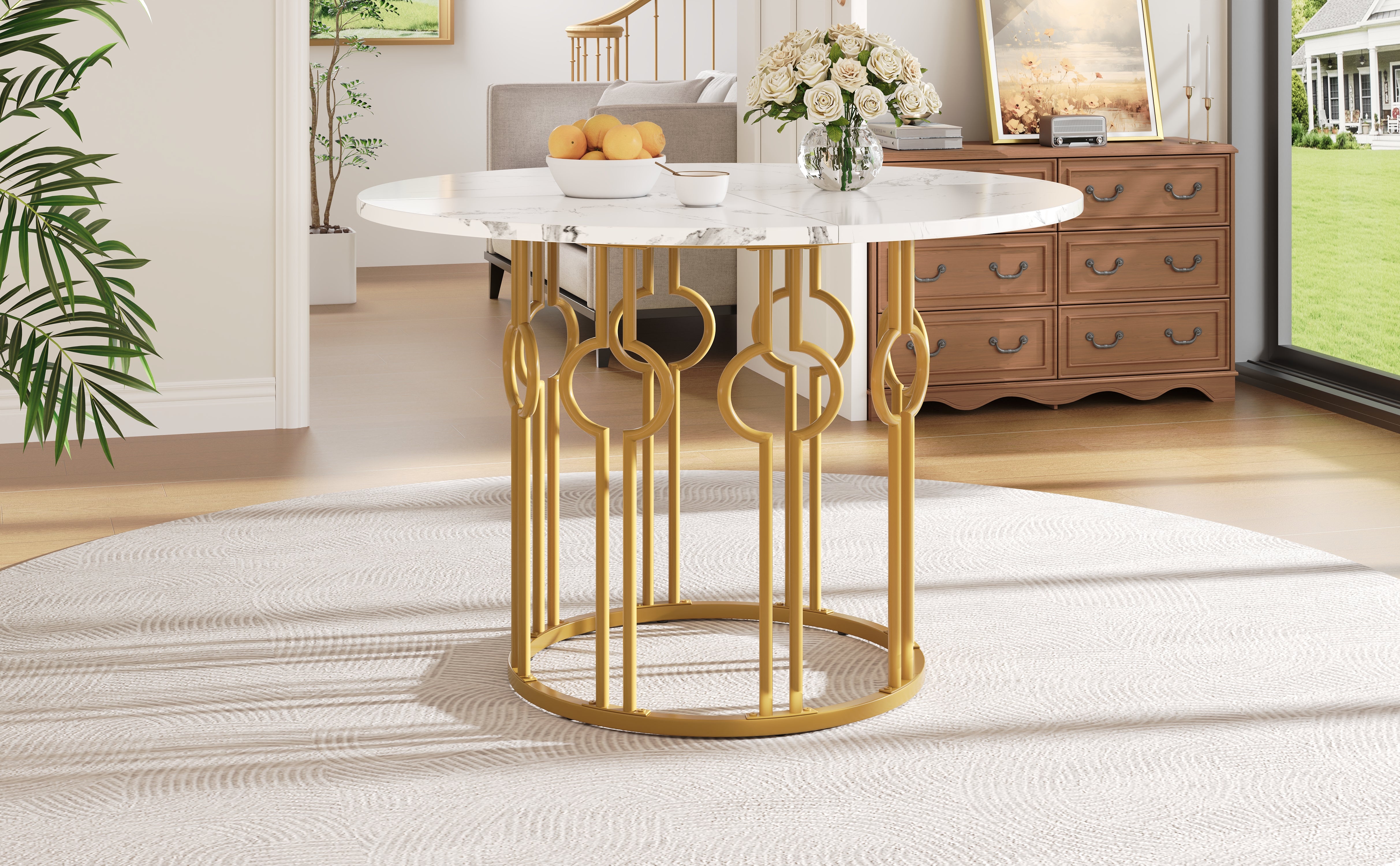 Round Dining Table, 100x100x76cm, Coffee Table for 4, MDF Marbled Top, Golden Metal Legs