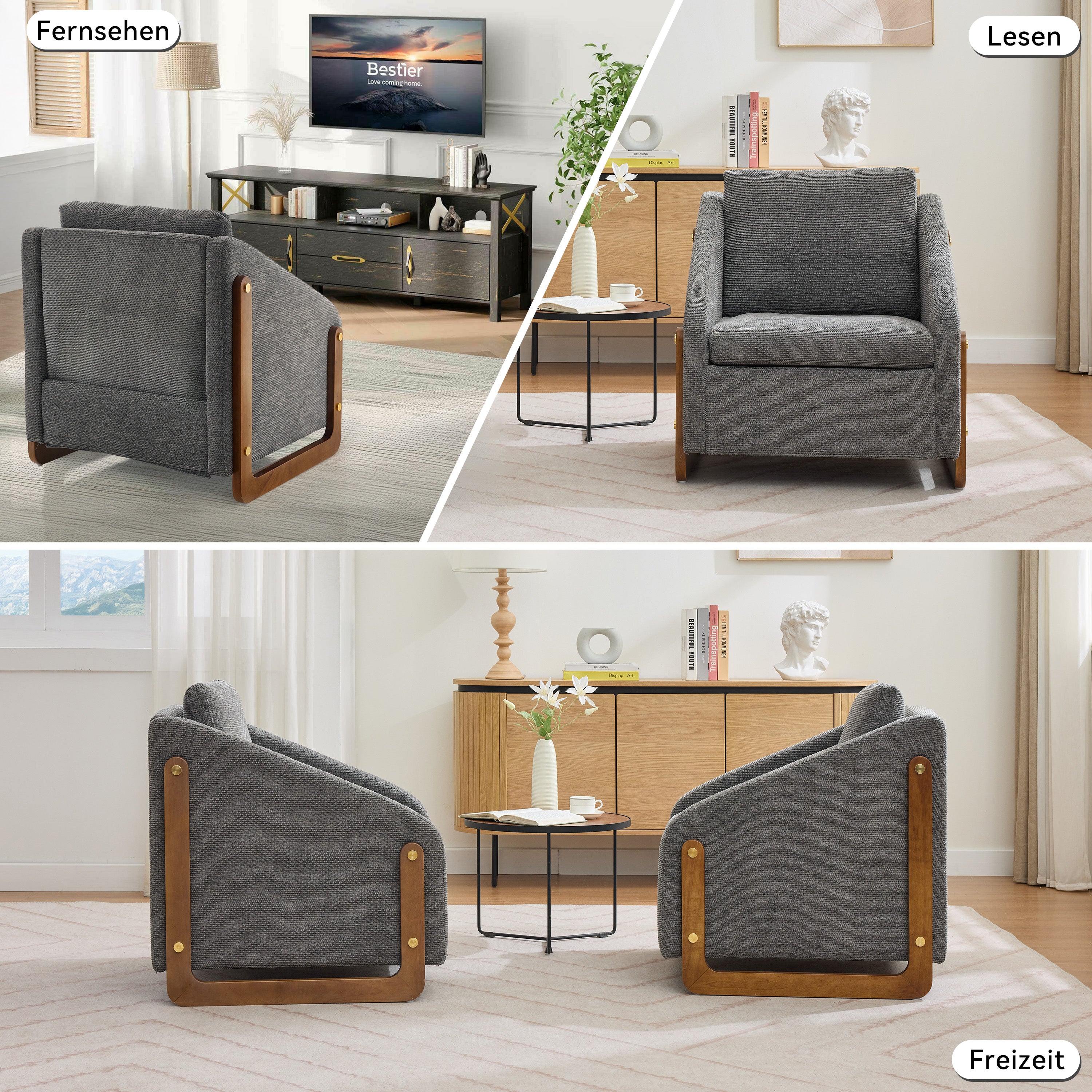 057 Armchair, Accent Lounge Chair with Wooden Armrests & Back Cushion, Grey Chenille Fabric