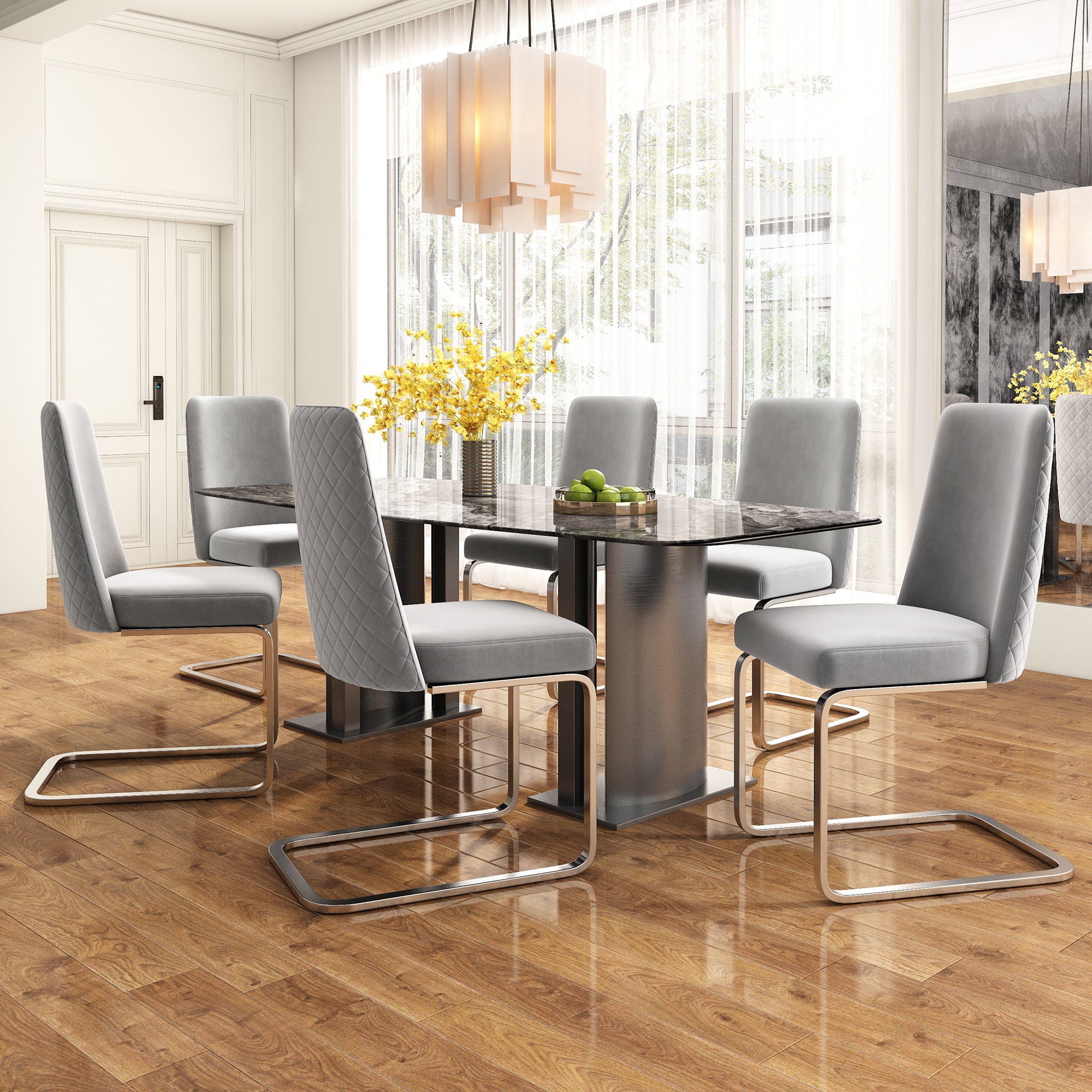 Velvet Dining Chair Set of 6, Diamond Back Design with Silver Metal Legs, Grey Velvet