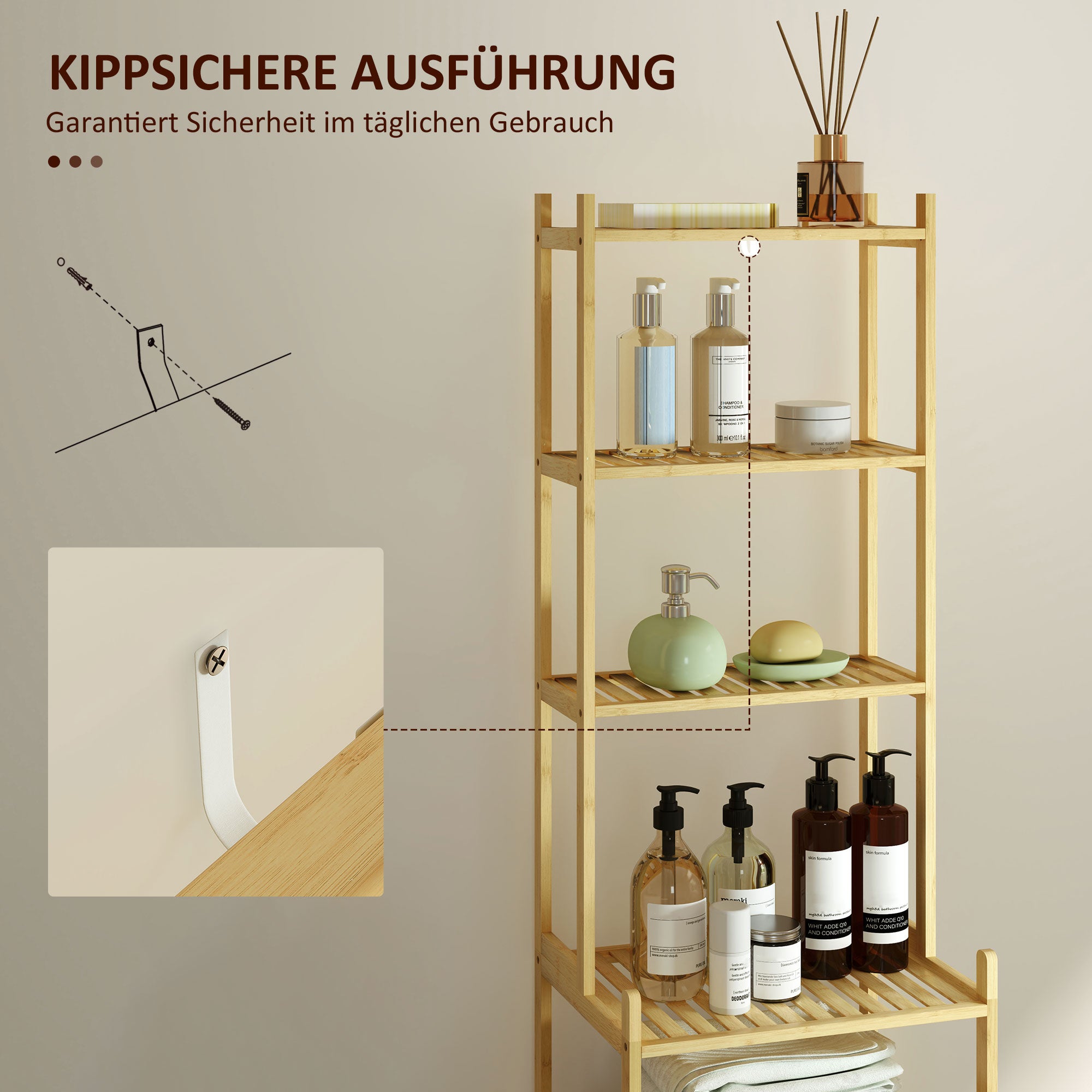 Bathroom Shelf, 7-Tier Storage Rack, Natural Bamboo