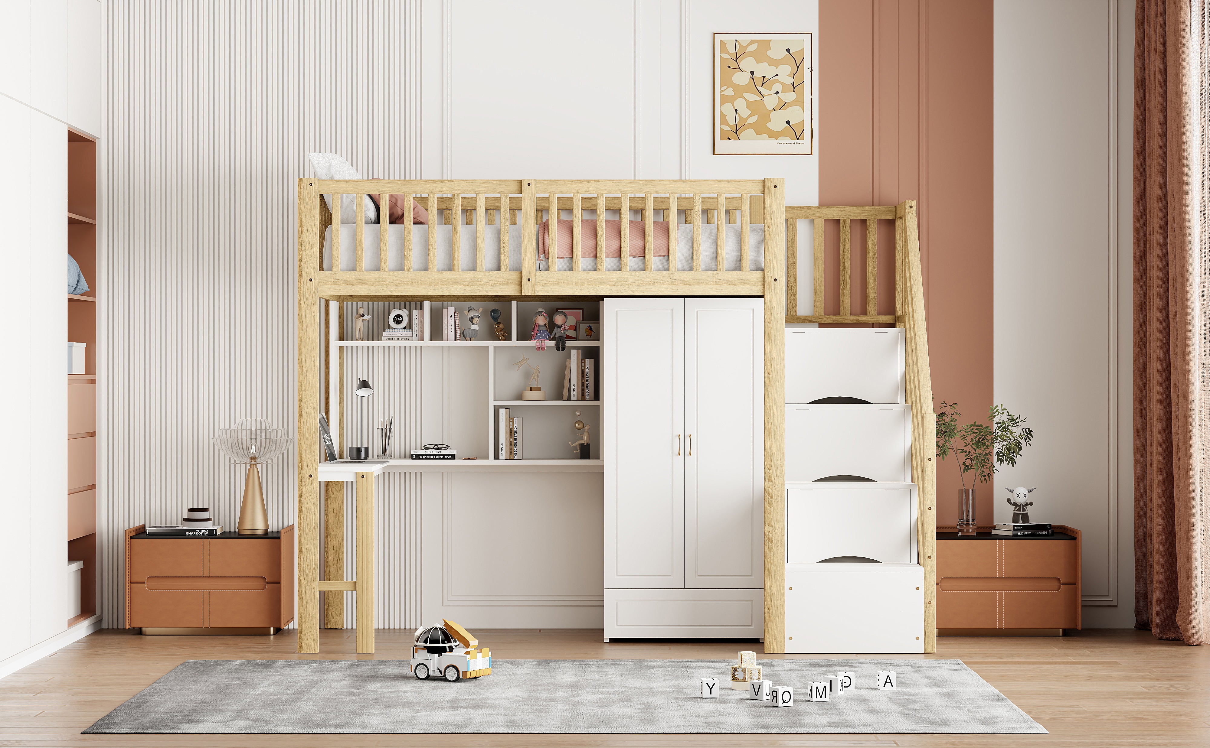 Loft Bed, 90x200 Wardrobe, Shelf, Table, Storage Stairs, Wooden