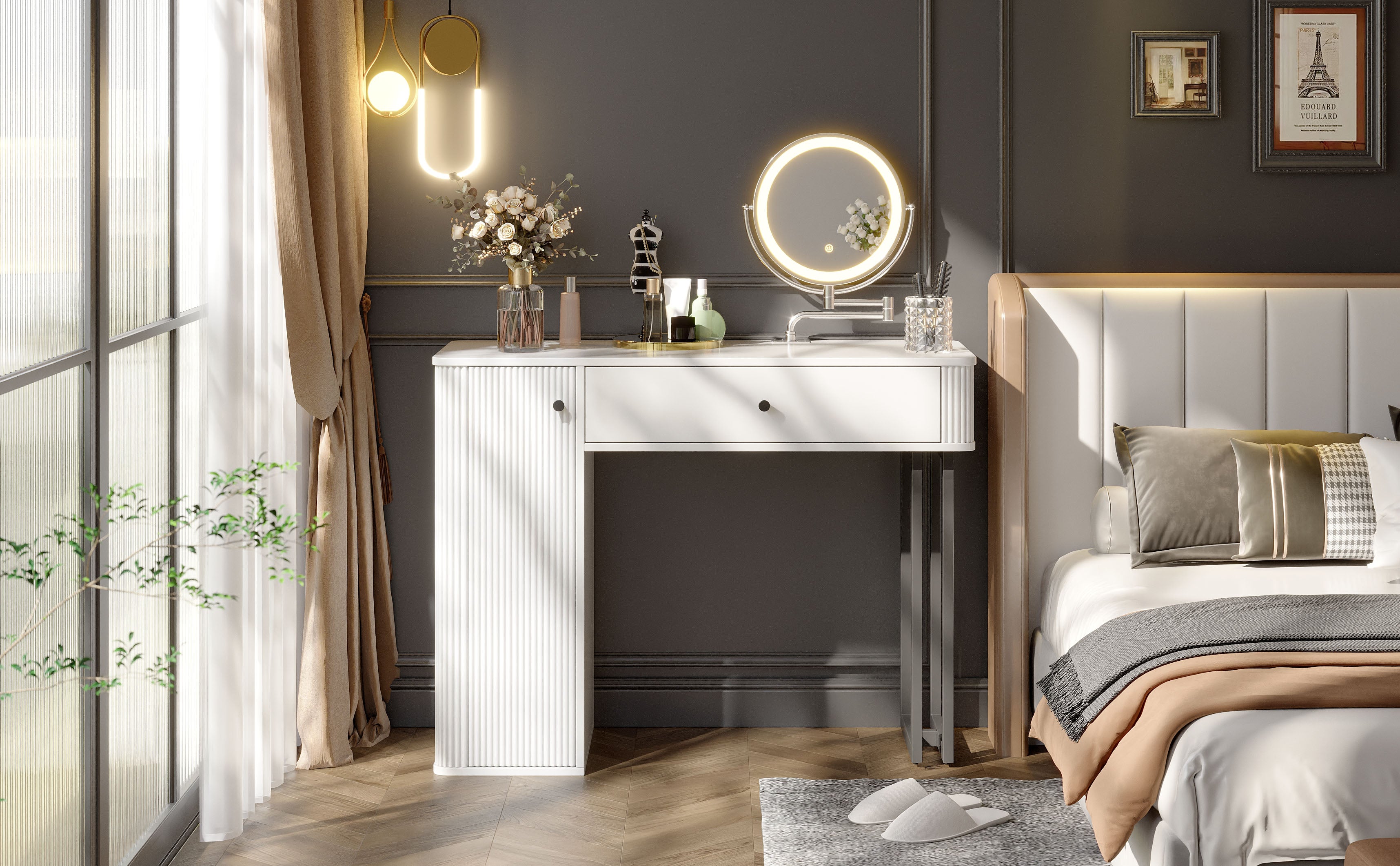 Dressing Table with LED Mirror, 1 Drawer, 1 Door, 3-Color Lighting, White