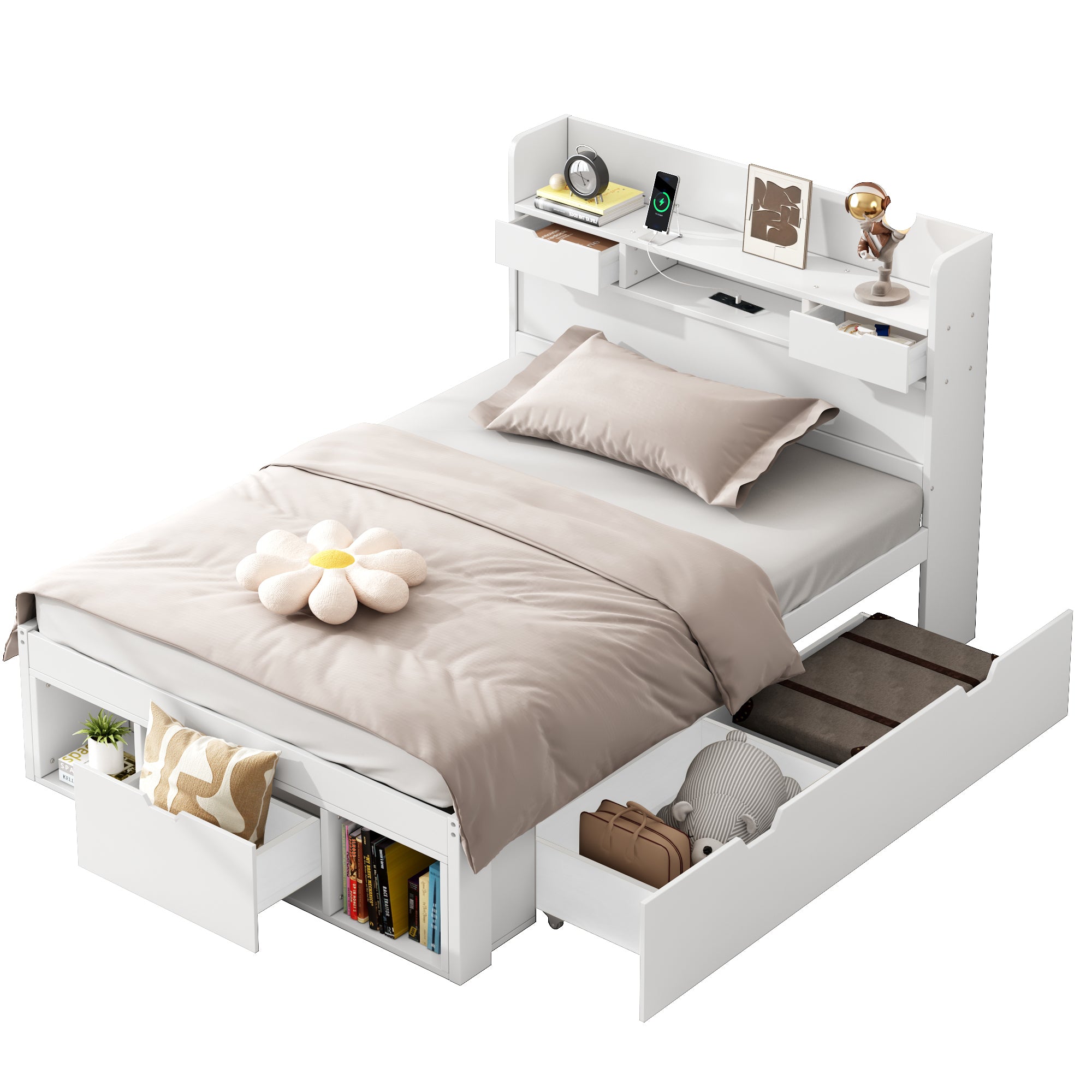 Single Bed with USB Port, Drawers and Storage Cabinet, White