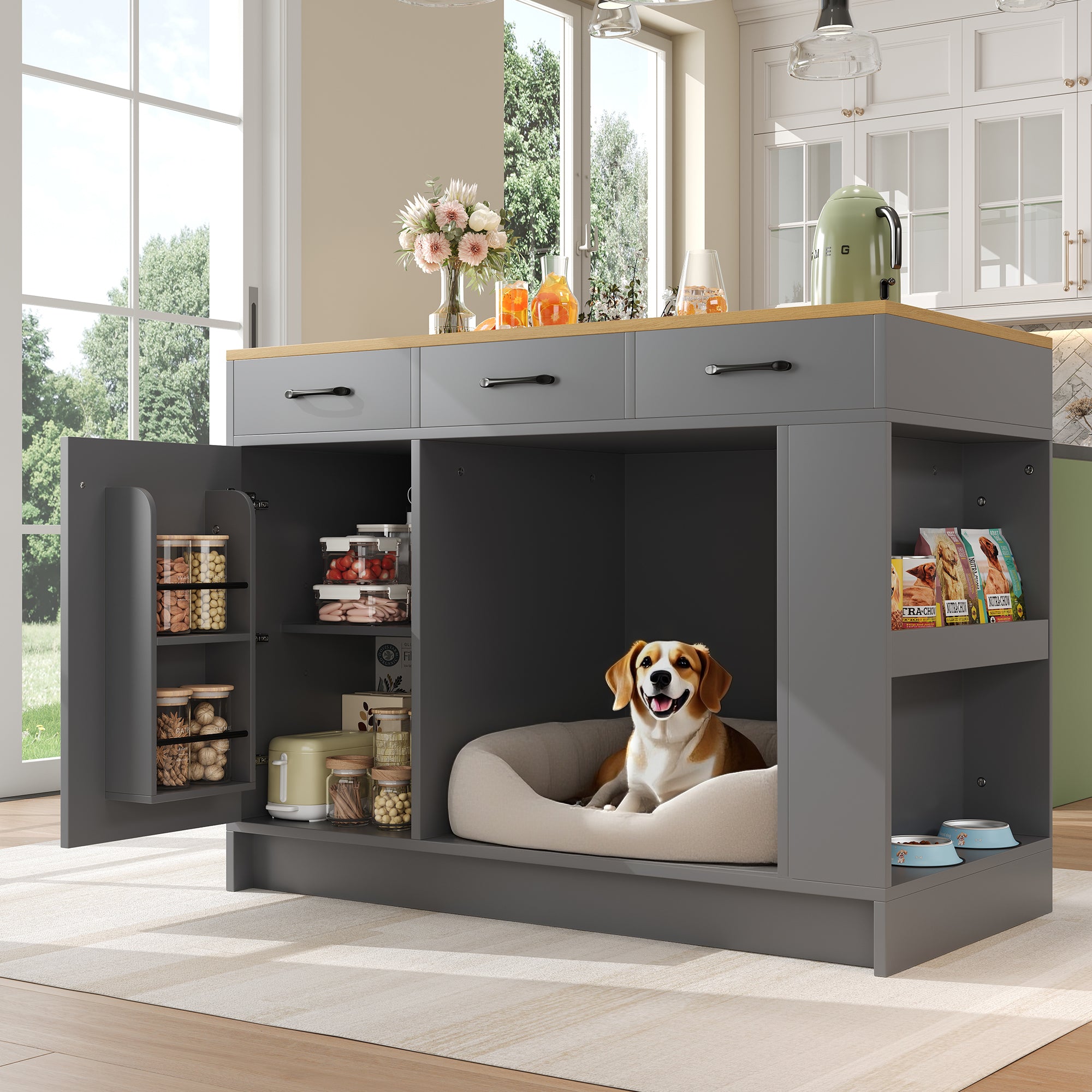 Kitchen Island with 3 Drawers, Spice Rack and Pet Storage Area, Grey
