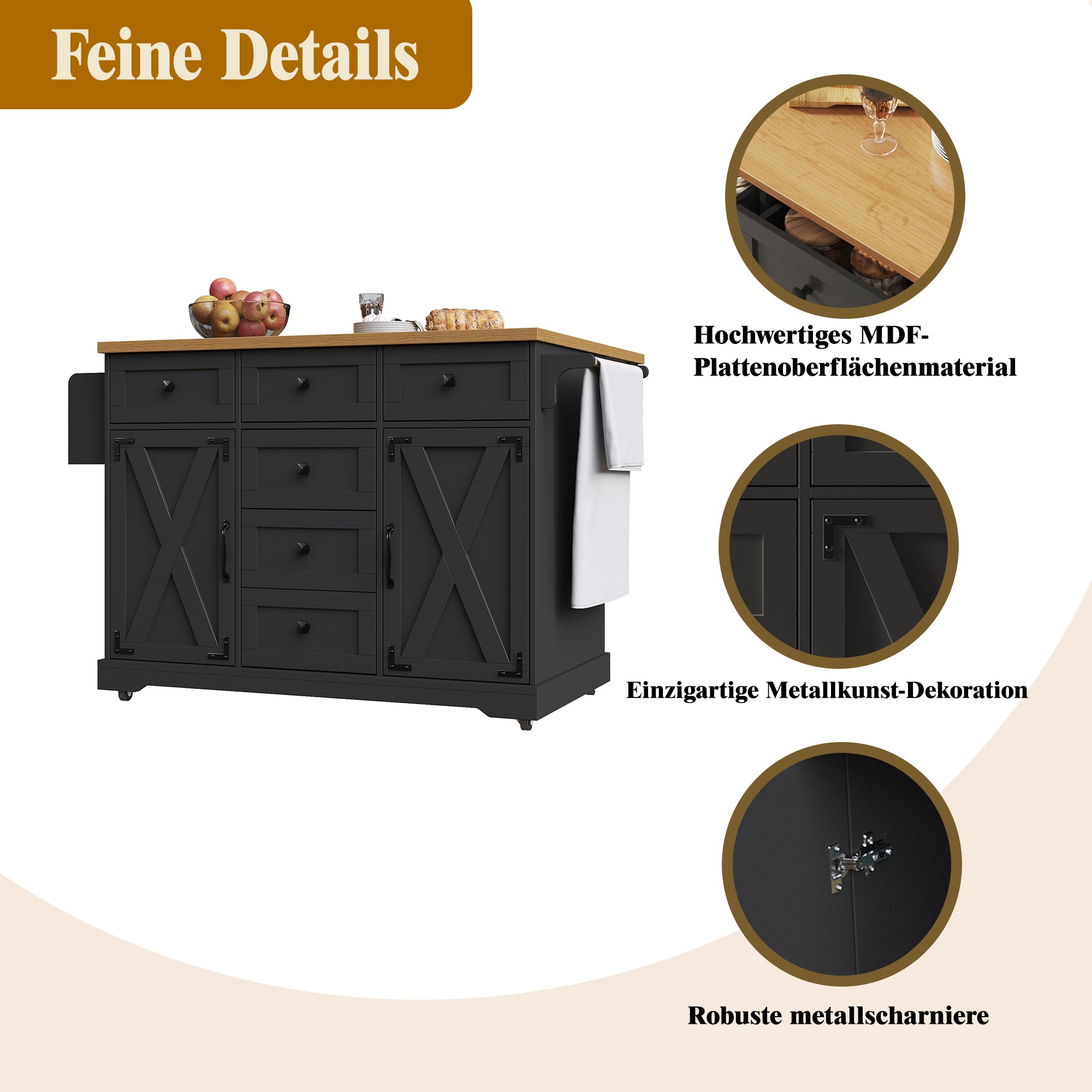 Kitchen Island with Multifunctional Serving Trolley and Large Storage Space, Black Wood Grain