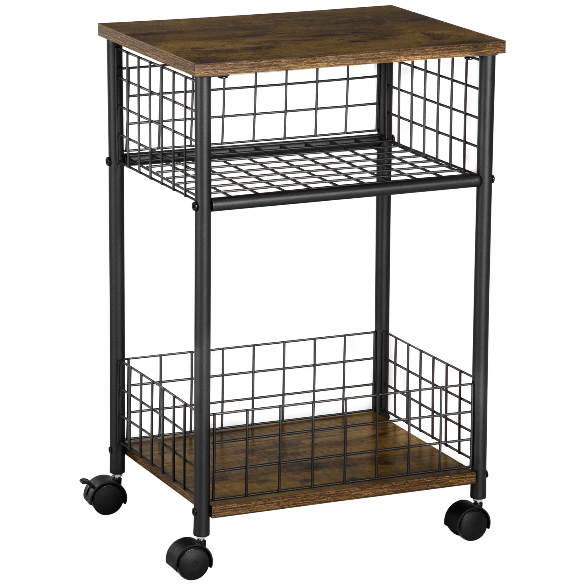 Kitchen Cart with Worktop, 2 Storage Baskets, 360° Swivel Casters, Rustic Brown