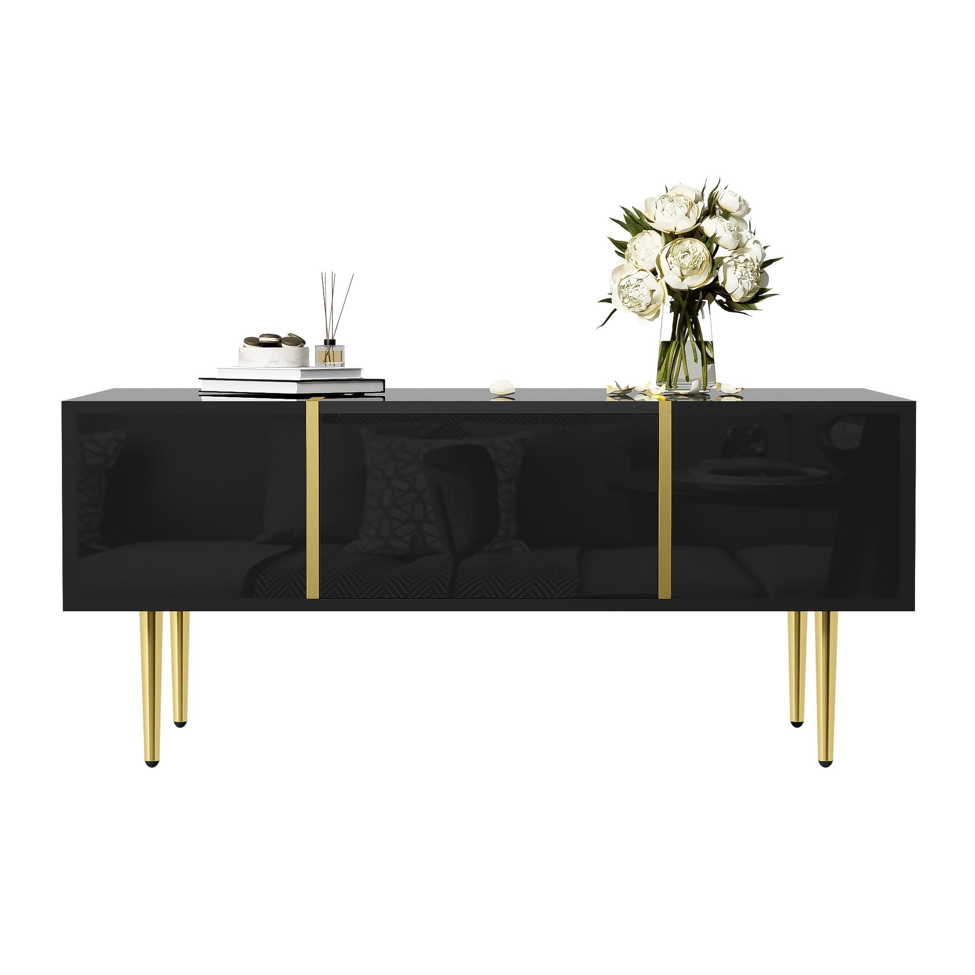 Modern Coffee Table, High Gloss with 2 Drawers, Black