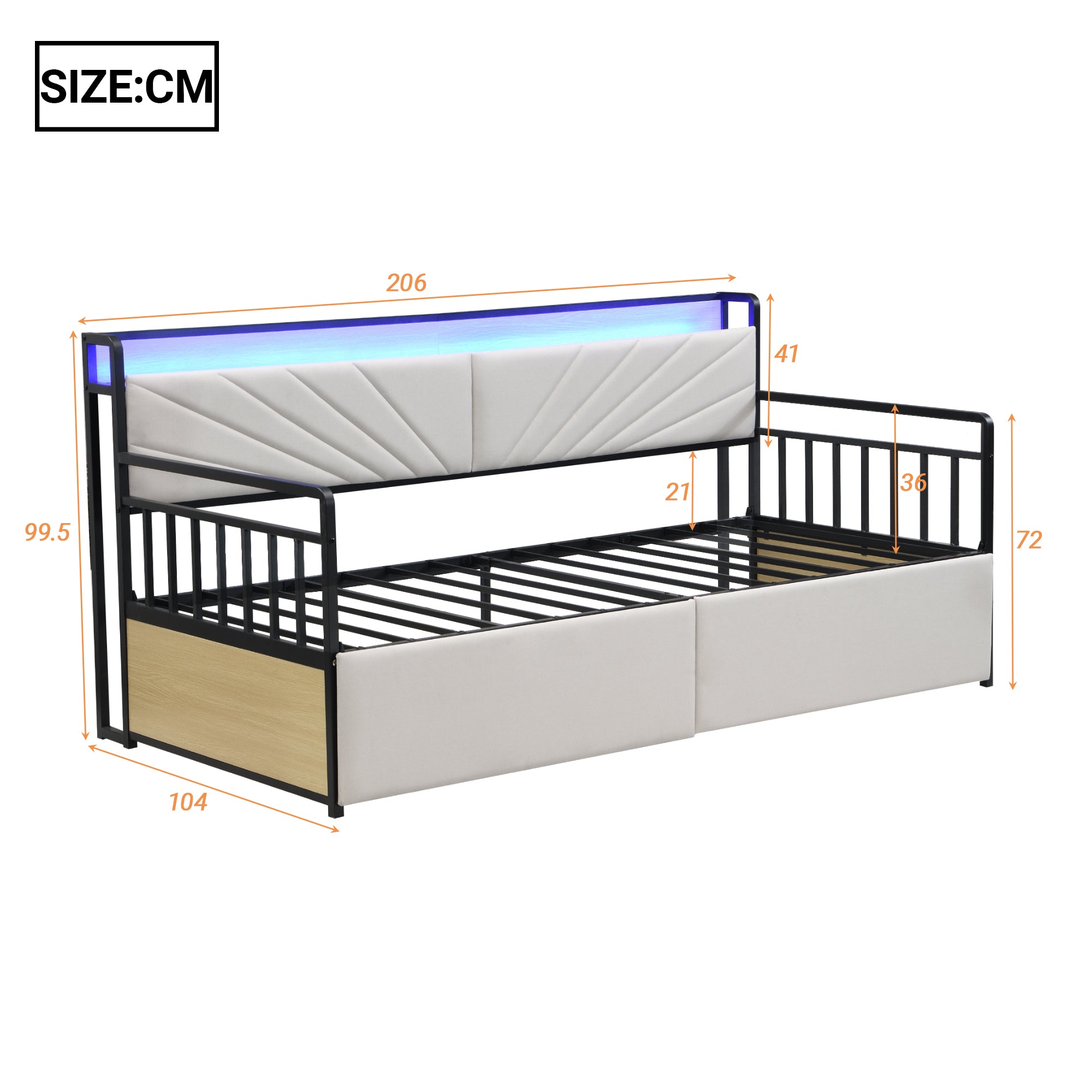 Sofa Bed, 90x200 cm LED, Shelves & Drawers, Beige Iron