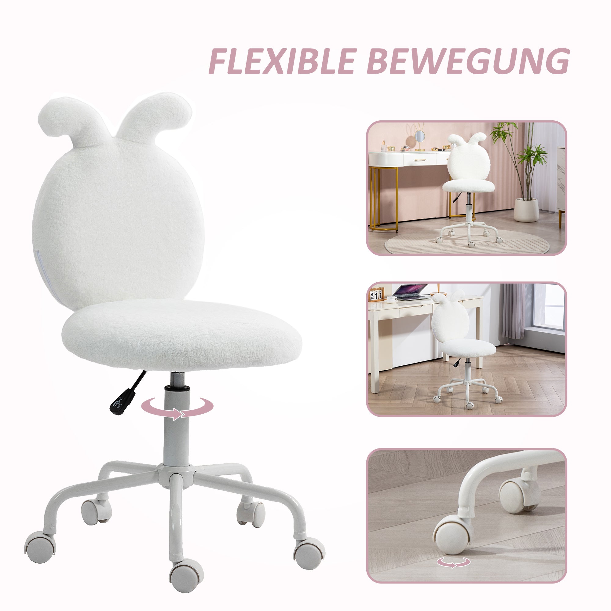 Office Chair with Rabbit Ears, Height-Adjustable Swivel, White Velvet