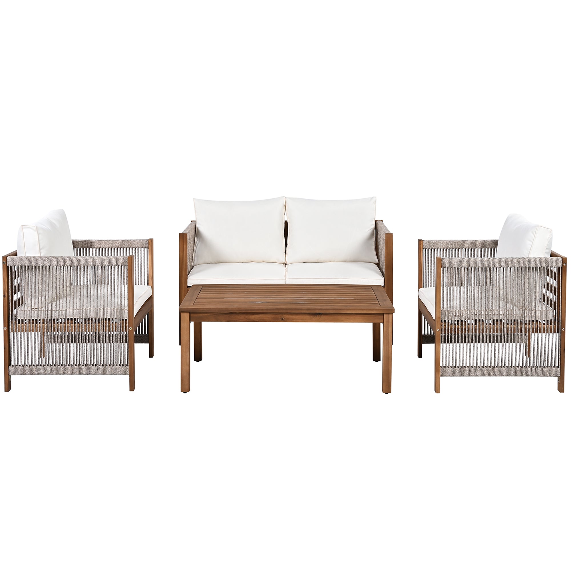 Garden Furniture Lounge Set with Double Sofa 2 Armchairs and Table, Acacia and Beige Rattan Look