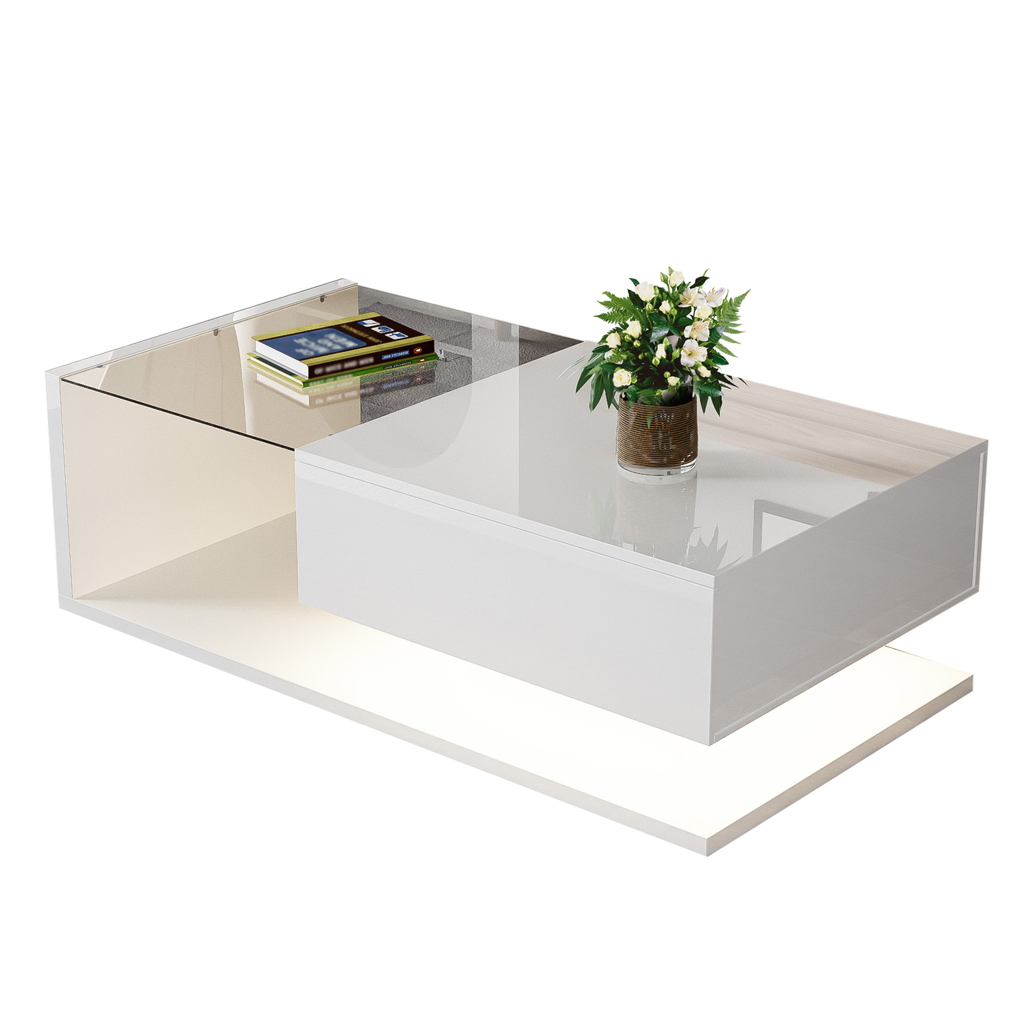 Coffee table, high-gloss white
  Side table, coffee table, with glass and LED effect