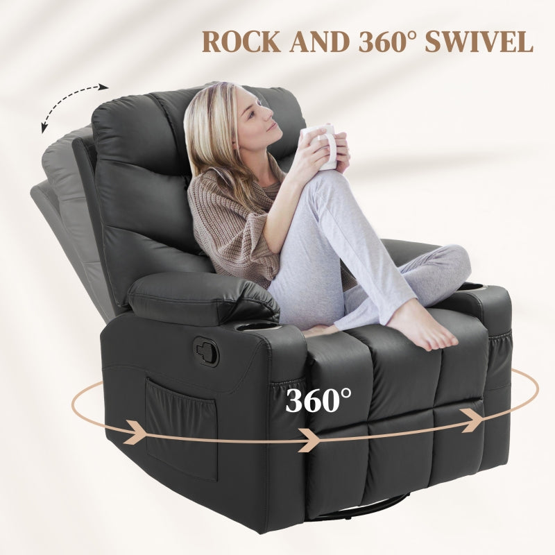 Manual Reclining Chair Swivel Armchair Footrest Cup Holders, Faux Leather Black