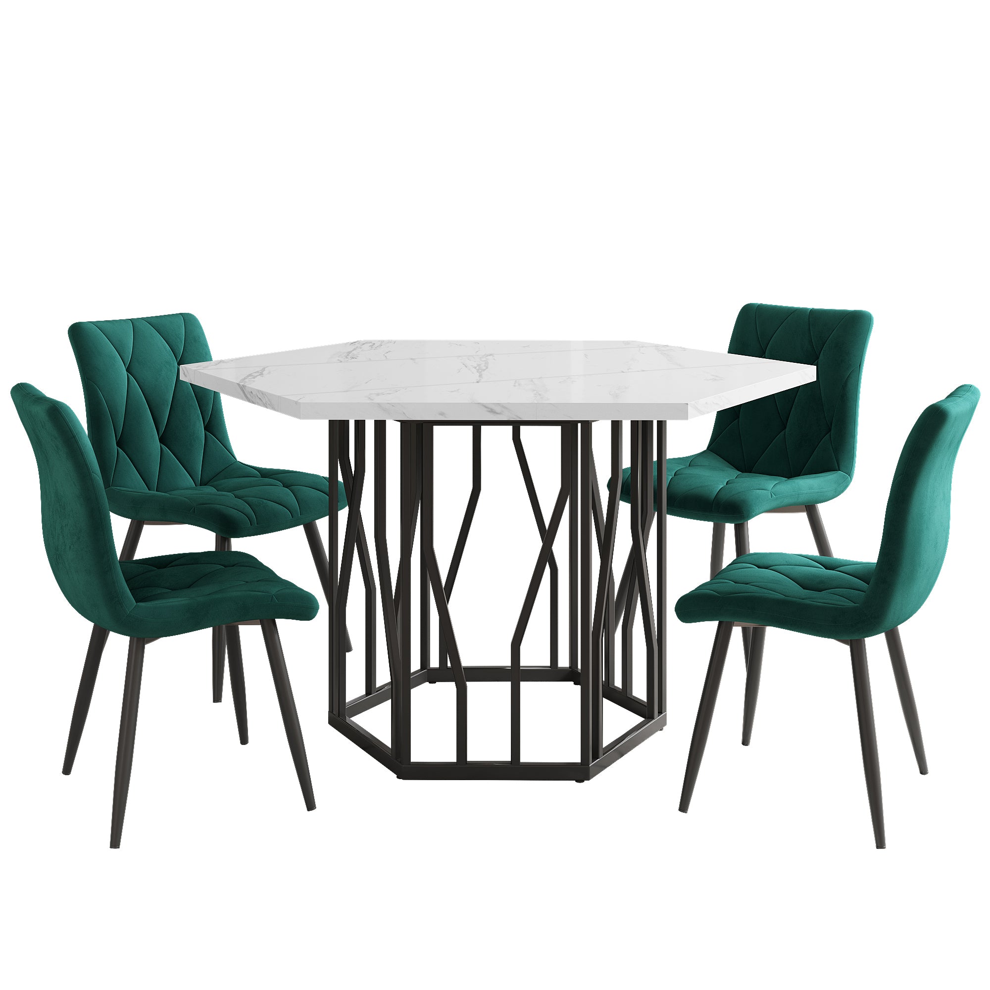 Dining Table and Chair Set 5-Piece Modern Hexagonal Marble Table 4 Green Velvet Chairs