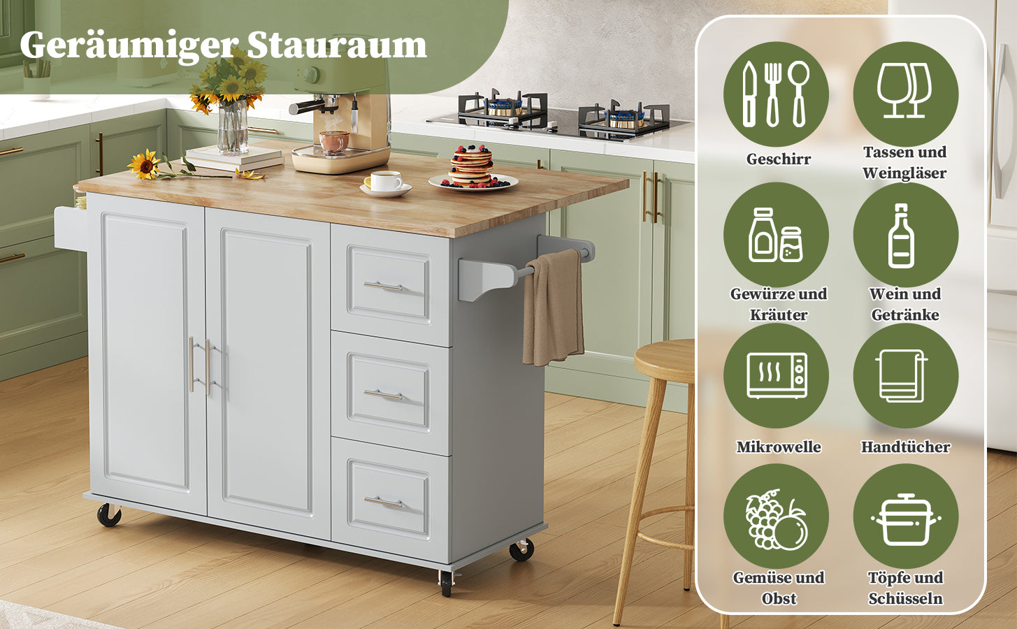 Mobile Kitchen Table with Foldable Design and 3 Drawers, Oak Worktop