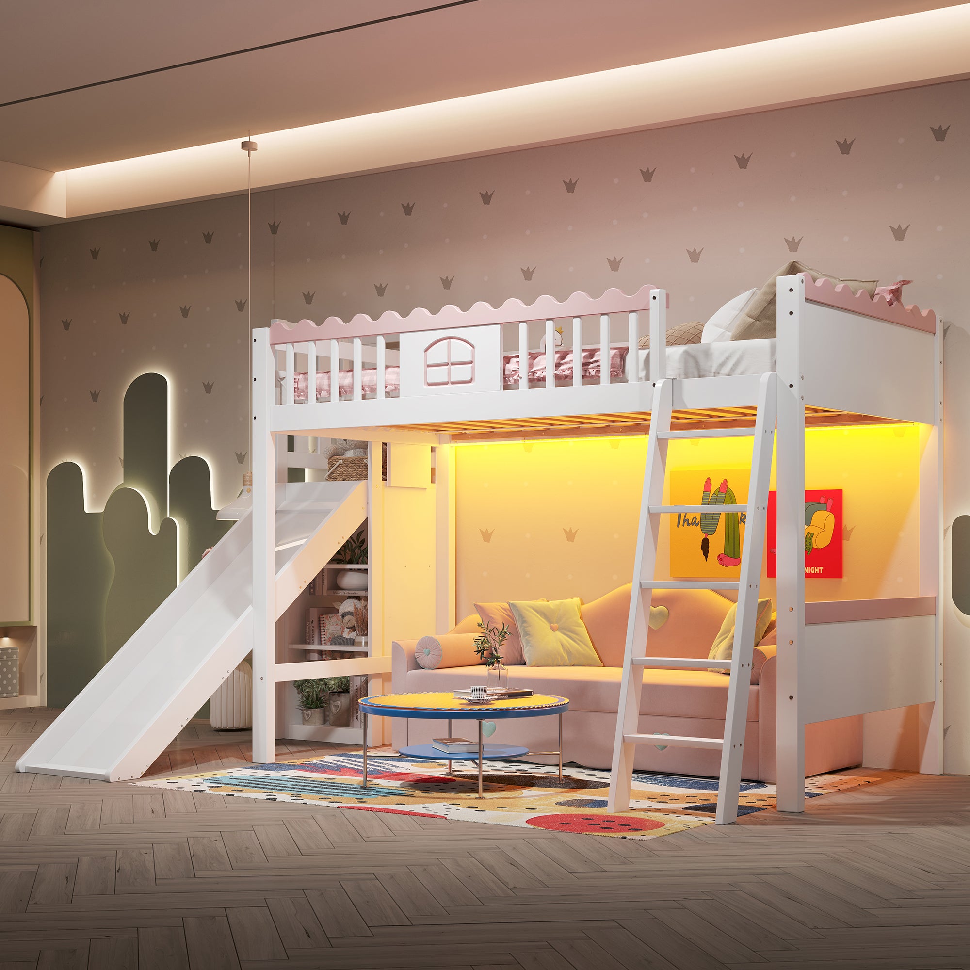 Bunk Bed 90x200cm with Slide, LED Lights, Shelves, EN747 Certified White Pine Wood