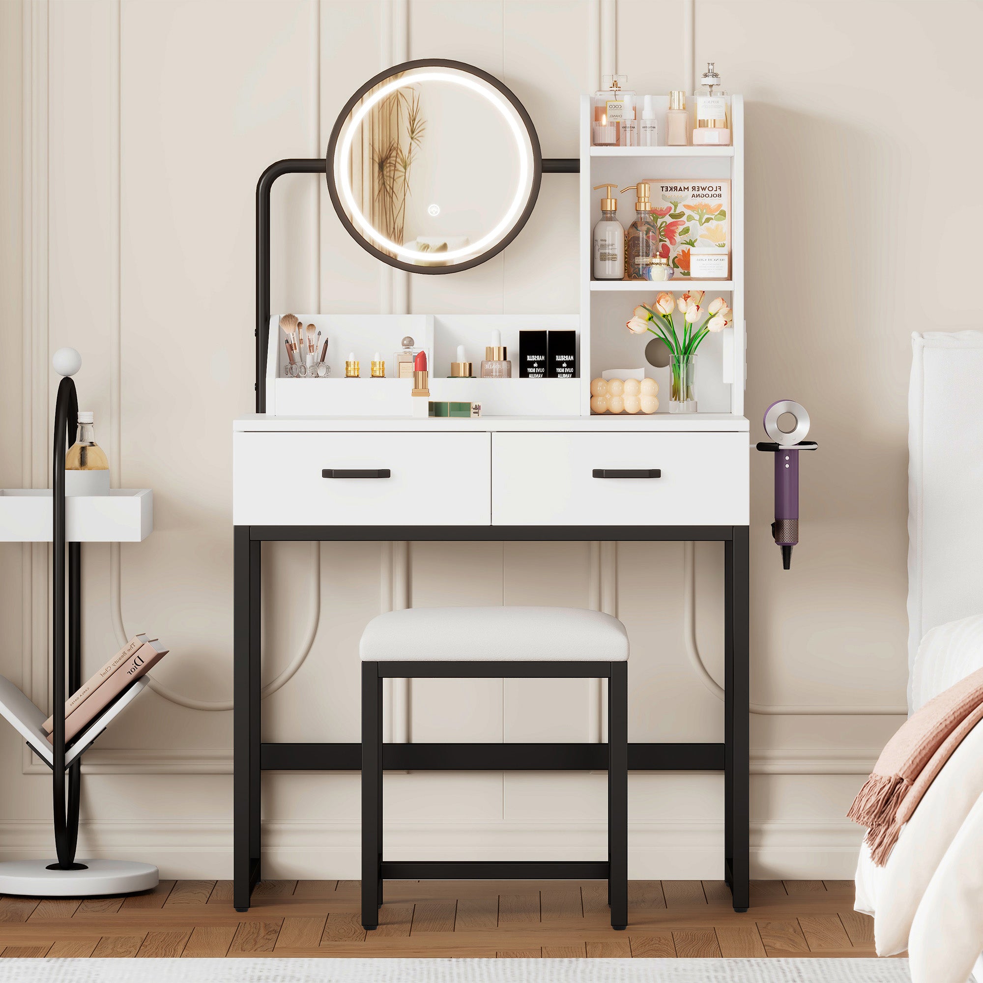 Modern dressing table with LED lighting, rotating mirror, power outlets, stool, 2 drawers, 2 open shelves, white