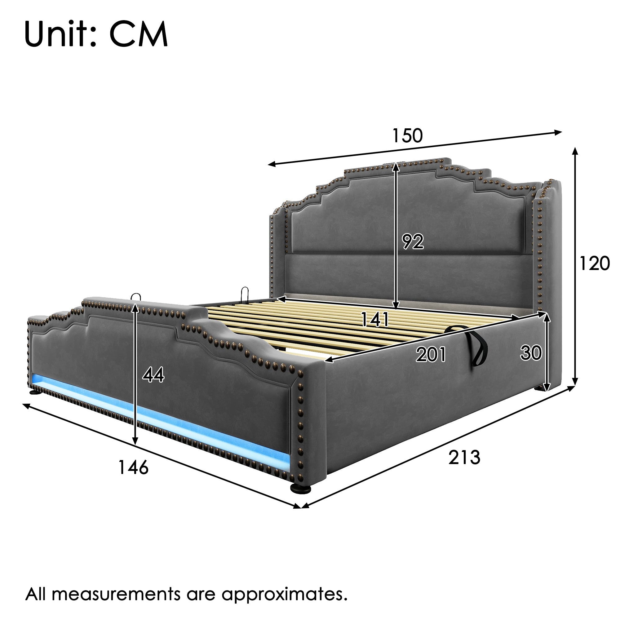 Upholstered Bed 140x200, Hydraulic Storage, LED, USB-C, Velvet Grey