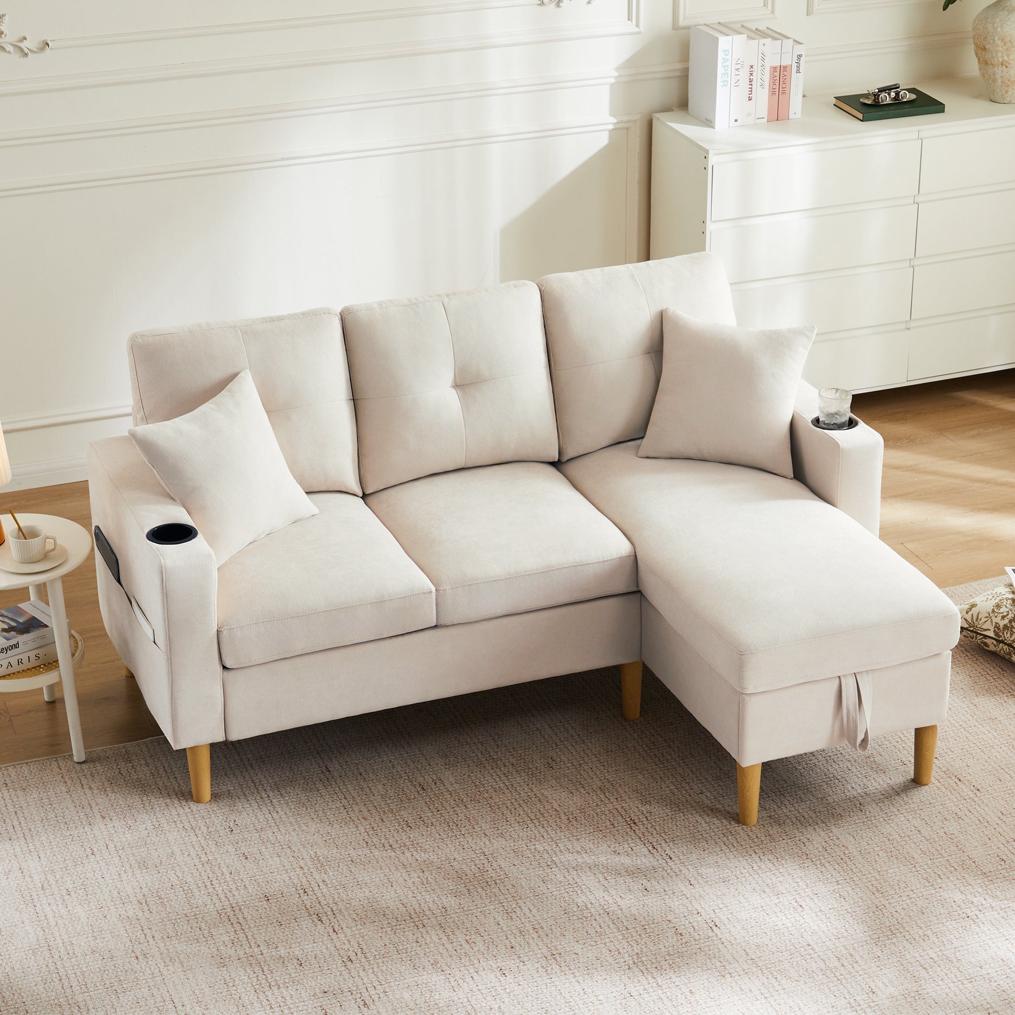 L-shaped modern sofa, 3-seater with chaise longue, storage, cup holder, 2 pillows