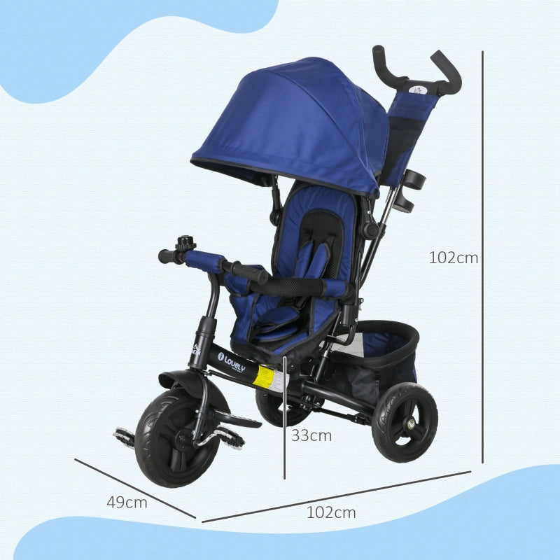 6-in-1 Tricycle with Push Bar and Sun Canopy, Dark Blue