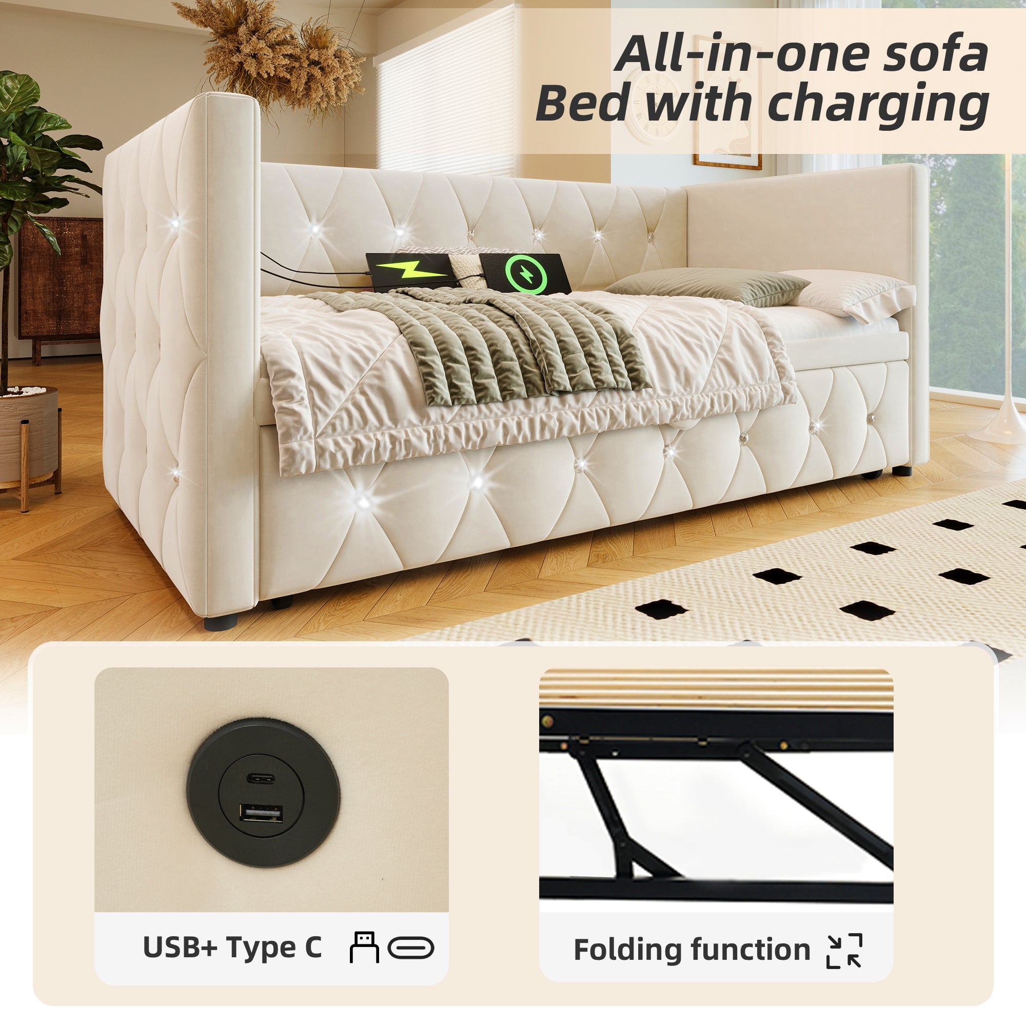 Daybed Sofa Bed with USB & Type C Charging Station, 3FT Single with Pull-out Trundle, Velvet Beige