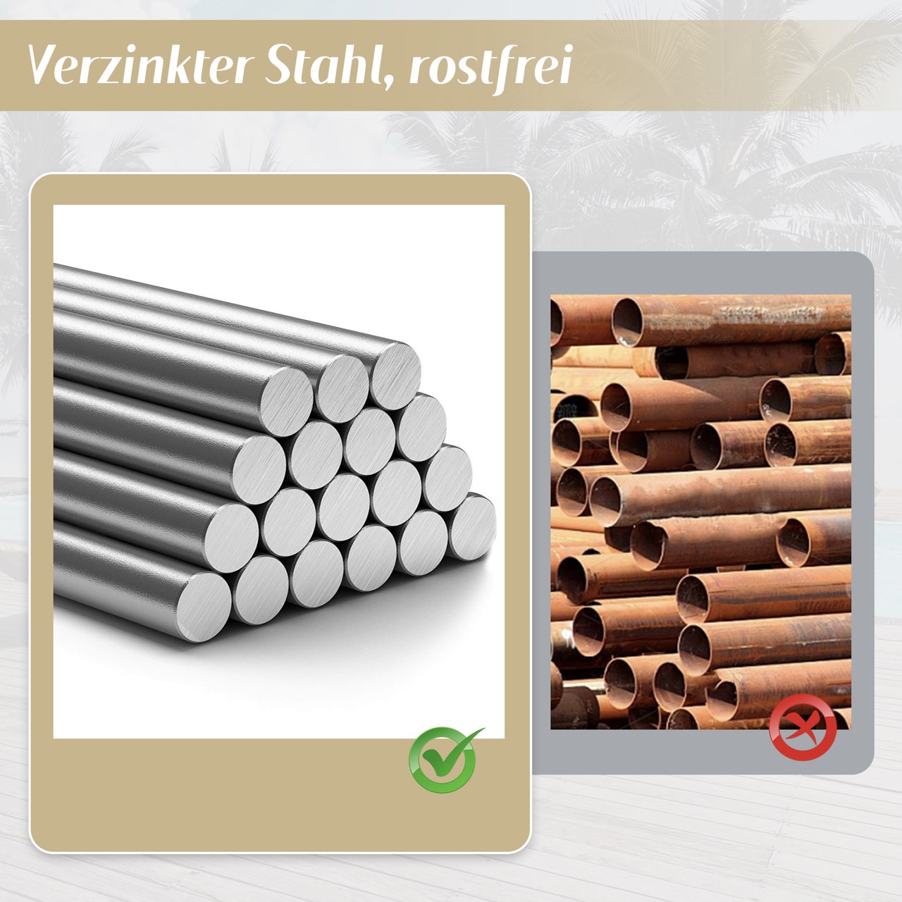 Garden Dining Set, 7-Piece Furniture Set for 6 People with 1 Table and 6 Chairs, Galvanized Iron and Plastic Wood, Khaki and Beige