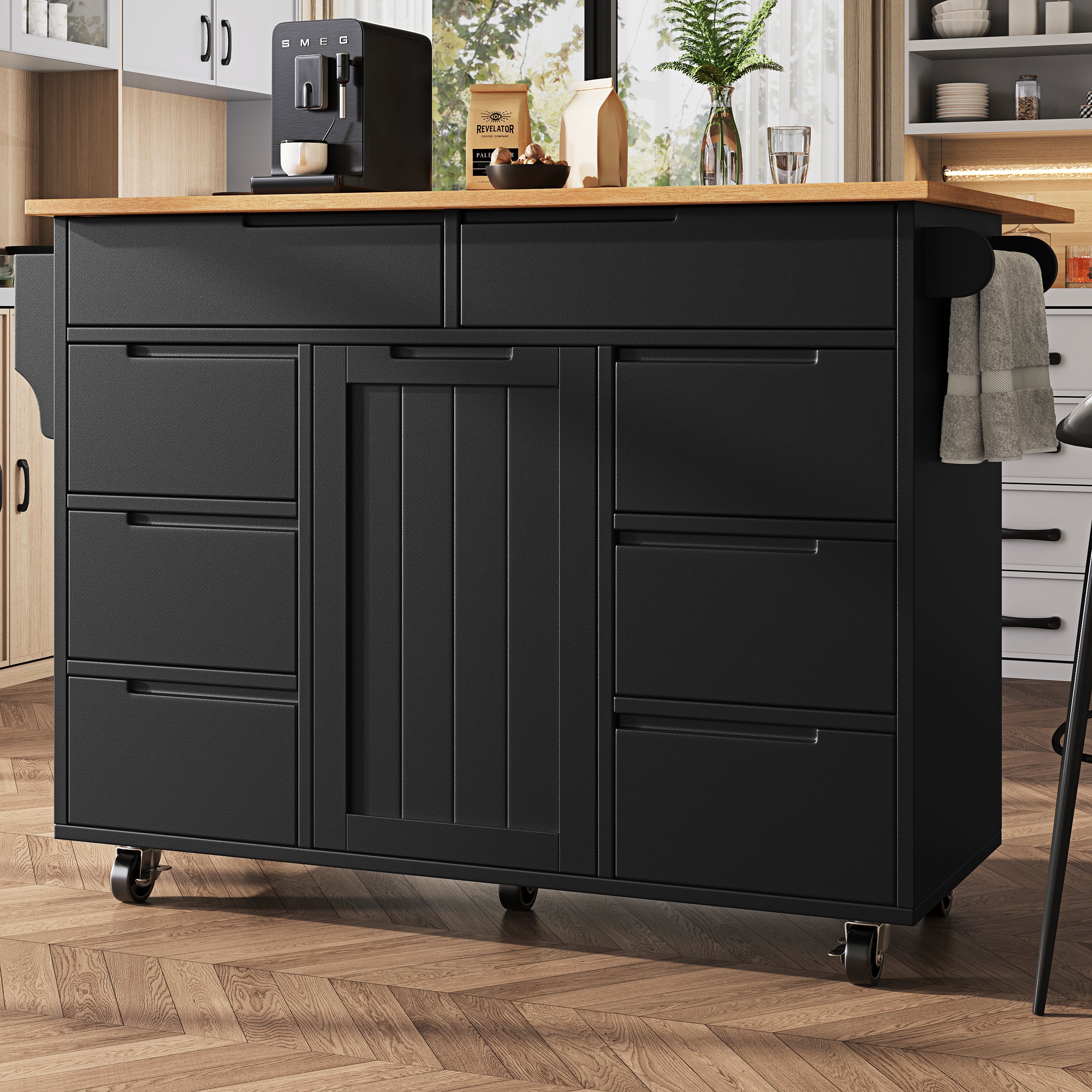 Kitchen Island Extendable Mobile Worktop 8 Drawers Spice Rack - Black