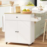 Rolling Kitchen Island with Drop Leaf, Drawer, Spice Rack, Towel Rack, White