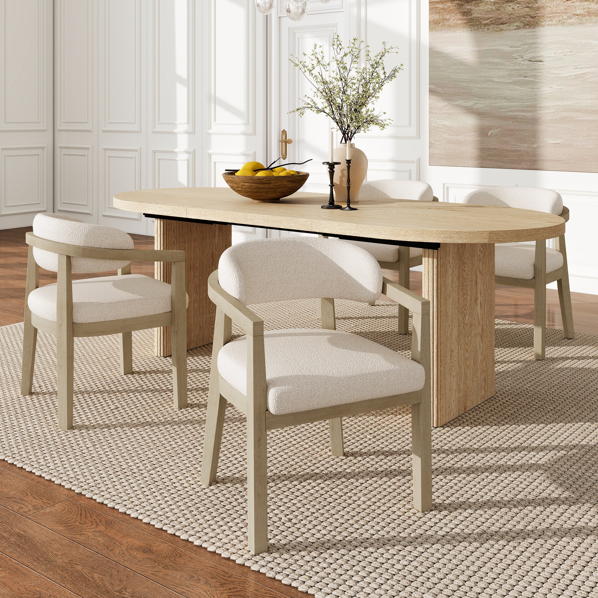 Solid Wood Dining Chairs Set of 4, Modern Comfortable Bouclé Seat, Natural Wood Finish