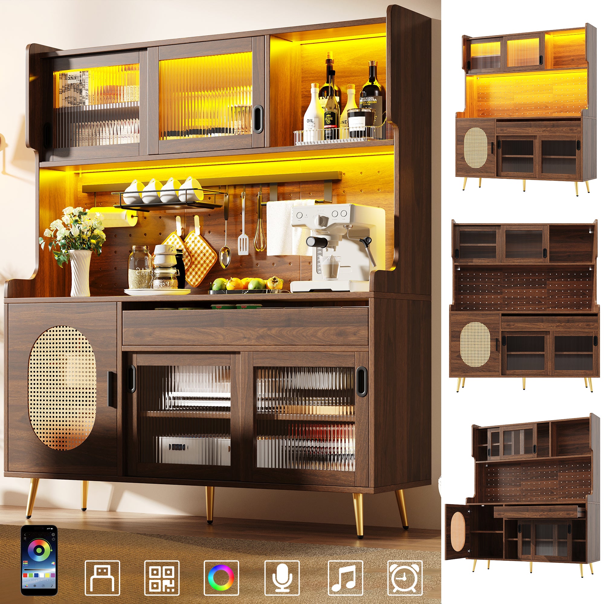 Sideboard Kitchen Buffet Cabinet with LED Strip and Fluted Glass Doors, Brown and Black