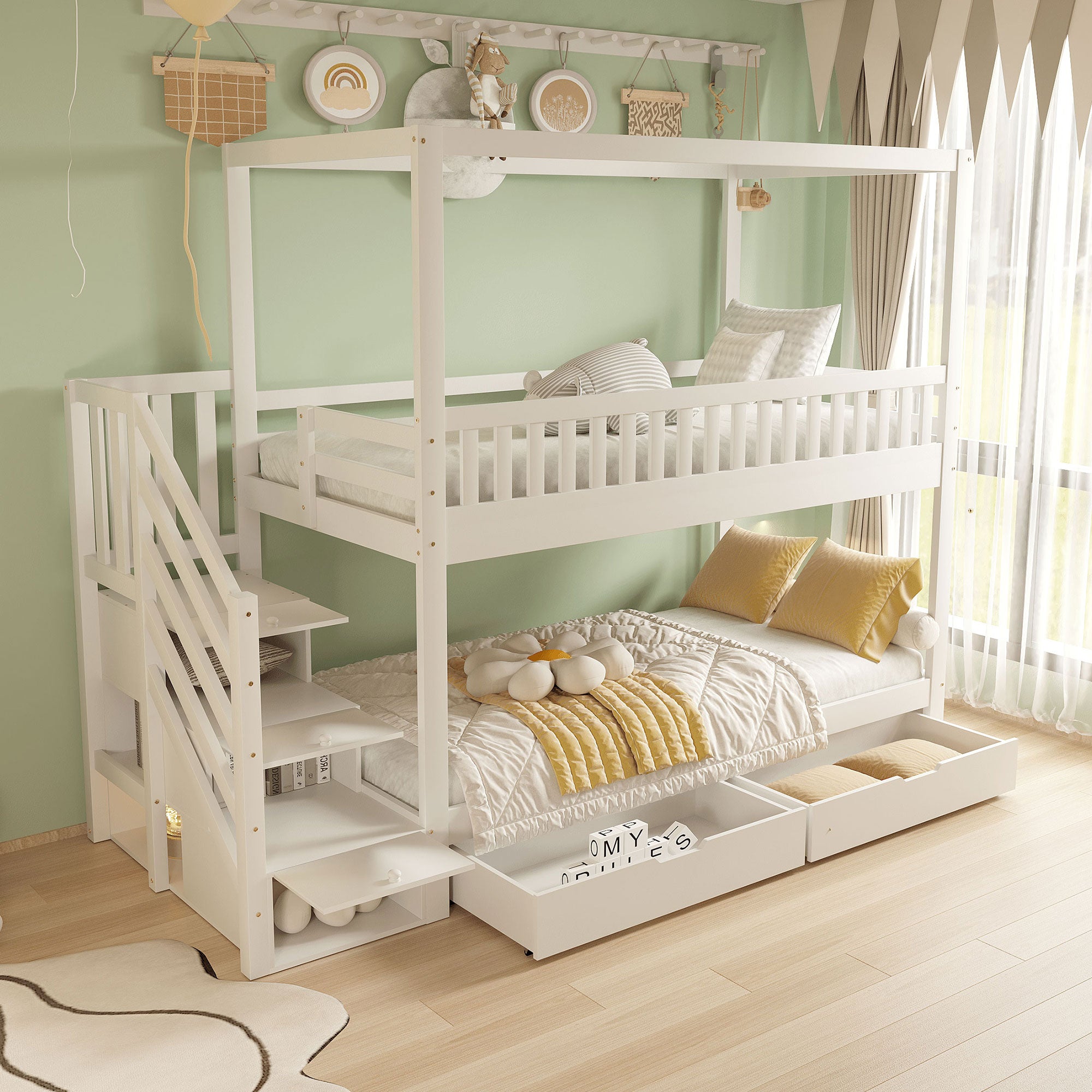 Bunk Bed, House-Shaped, Safety Railing, Storage, Solid Wood White