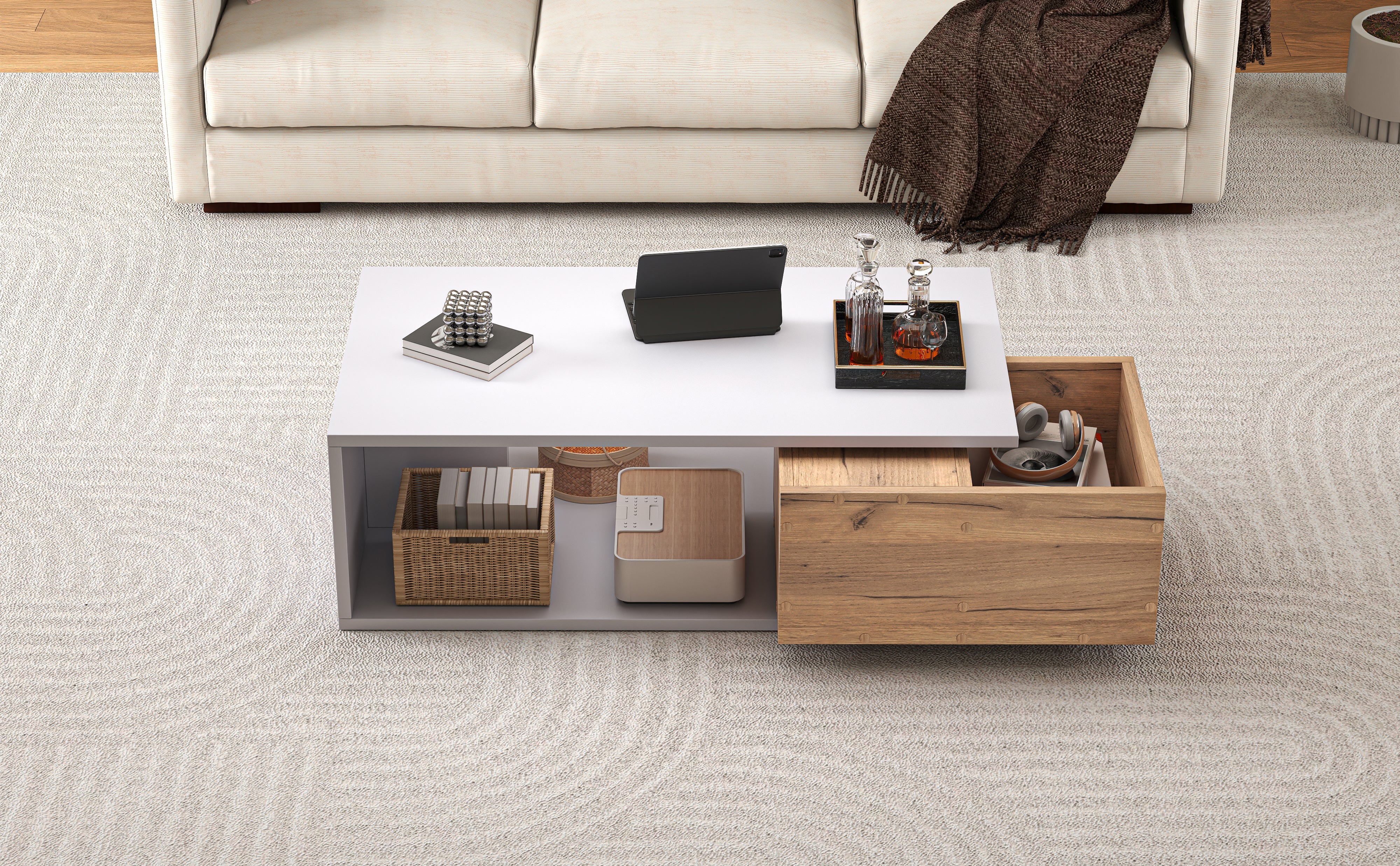 Coffee Table 90x50x30cm, 360° Rotating Drawer, High-Gloss, White + Wood Color