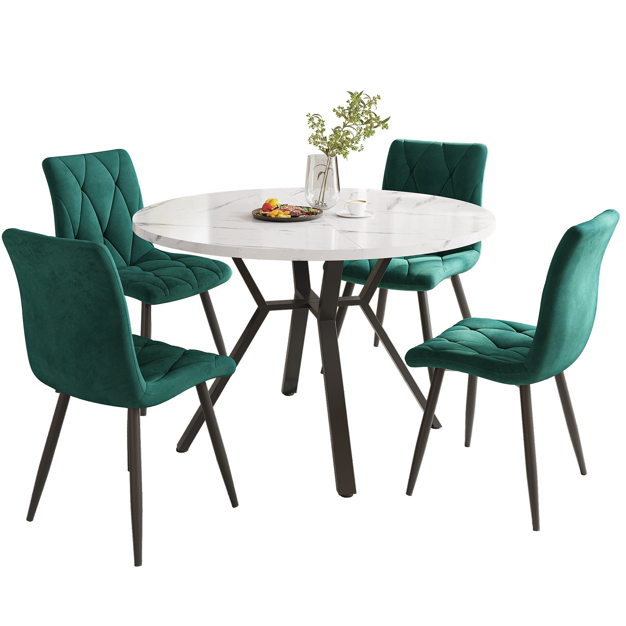 Dining Table and Chair Set, 5-Piece Modern Round Marble, Green Suede