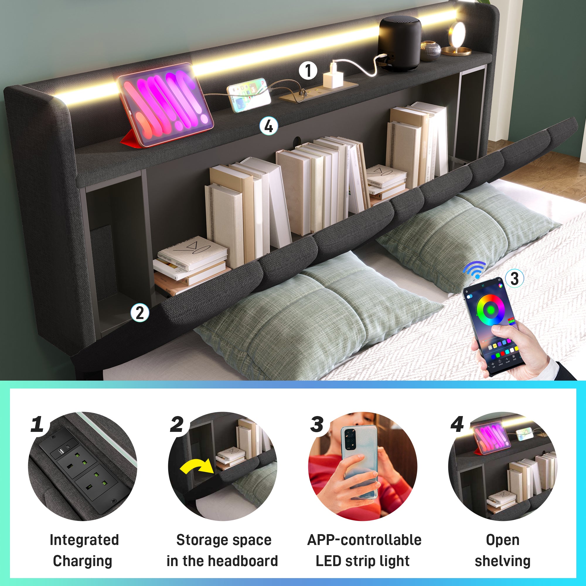 Upholstered Double Bed with USB Charging, LED Lighting & Storage Headboard, Wooden Slatted Frame, Grey