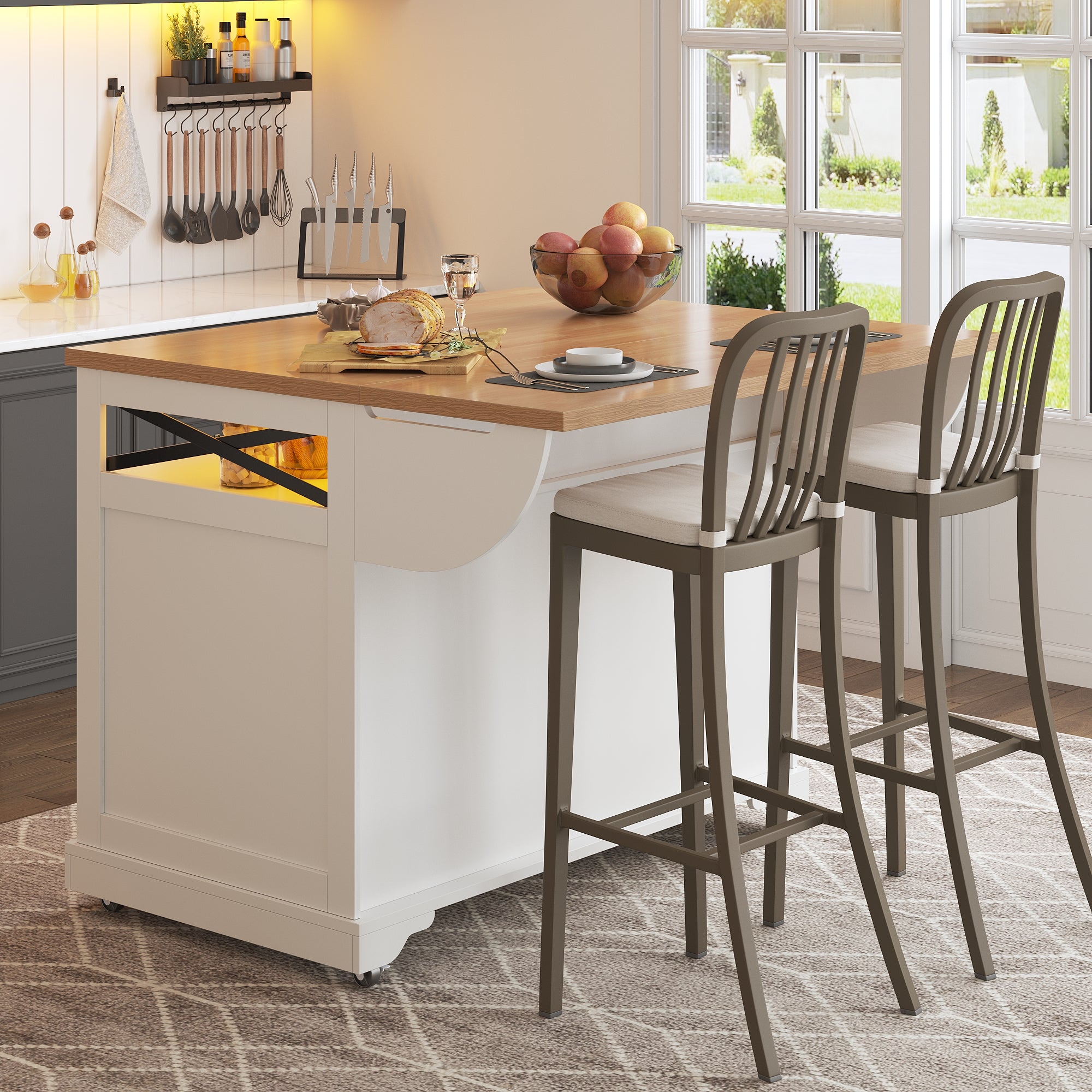 Kitchen Serving Trolley Folding Table LED Storage Cabinet - Mobile Island