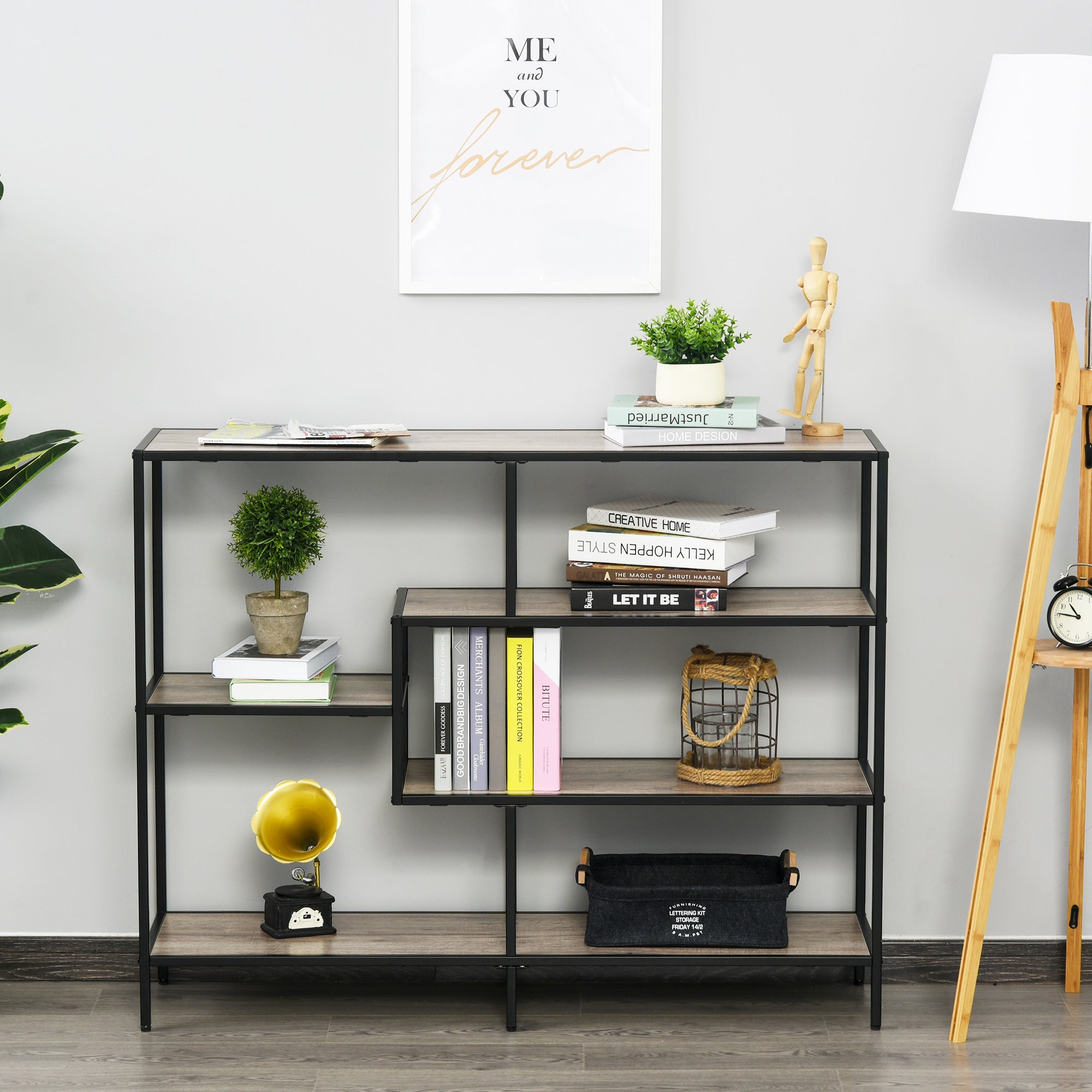 Freestanding Bookcase Industrial Style Sturdy 120x32x95cm Black Light Oak