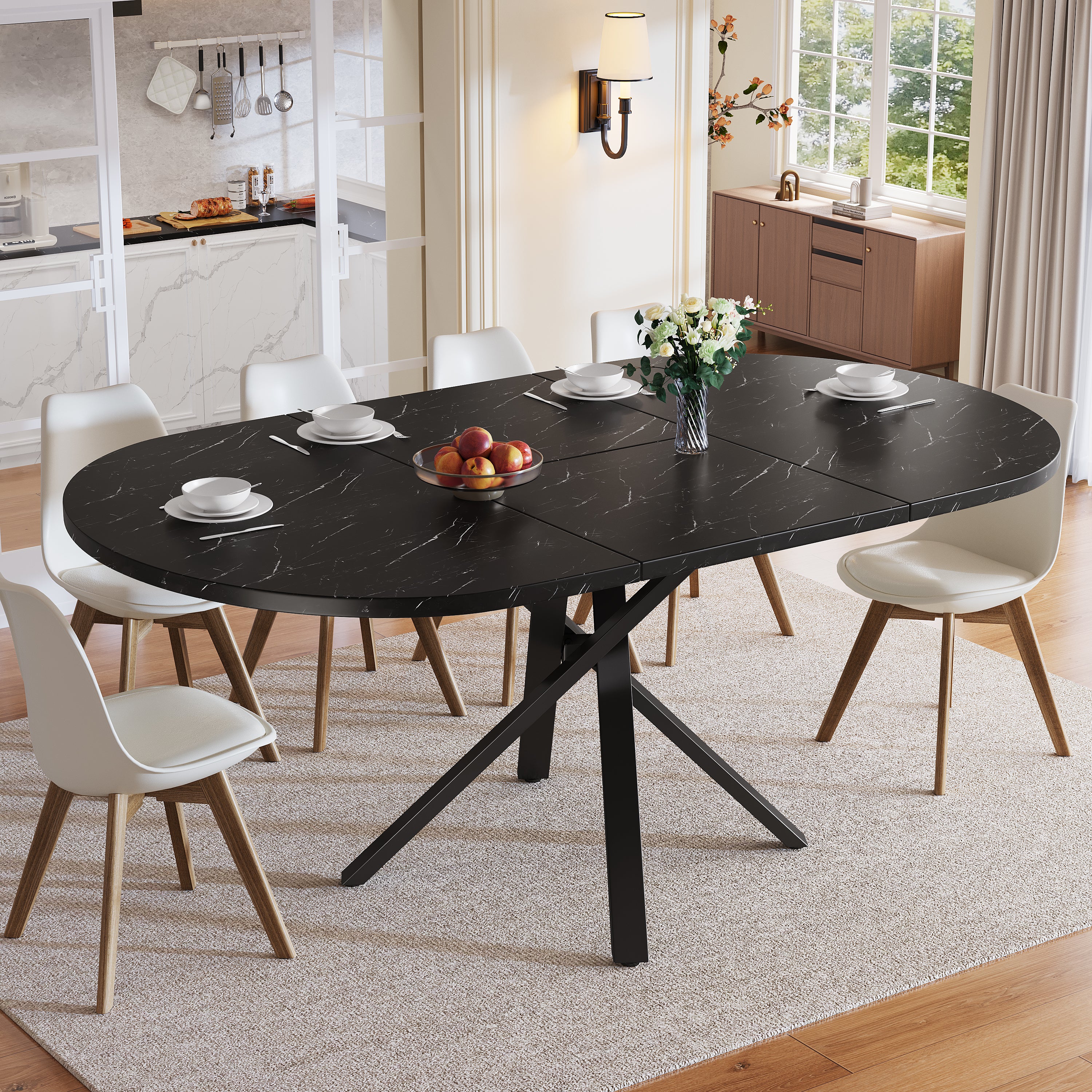 Round Extendable Dining Table, X-Metal Frame, Marble Look Black