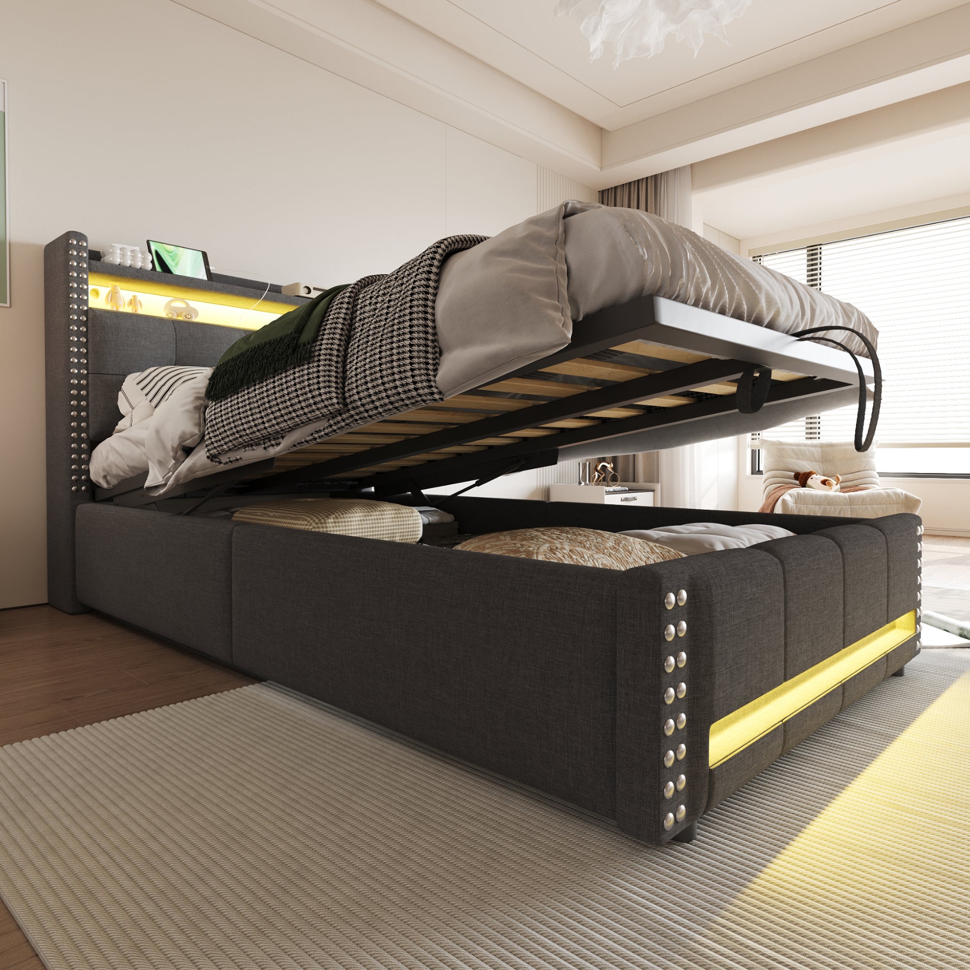 Upholstered Children's Bed 90x200cm, LED & USB, Storage Headboard, Grey Linen