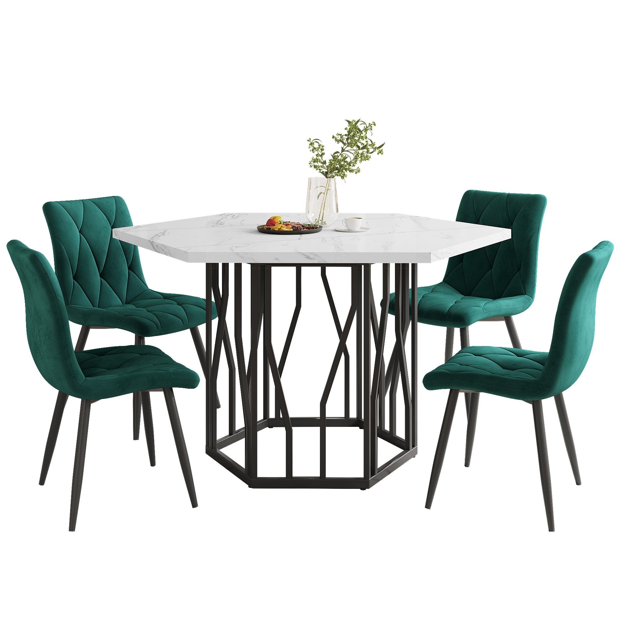 Dining Table and Chair Set 5-Piece Modern Hexagonal Marble Table 4 Green Velvet Chairs