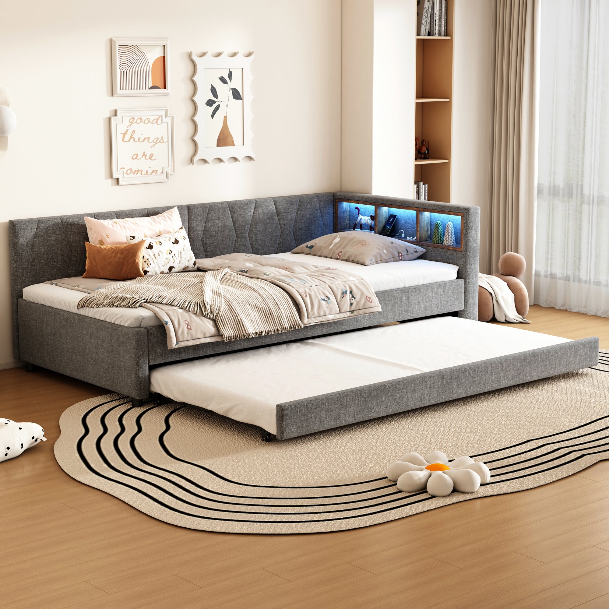 Daybed Sofa Bed 90x200cm Pull-out Bed Storage LED USB/Type-C - Linen Grey